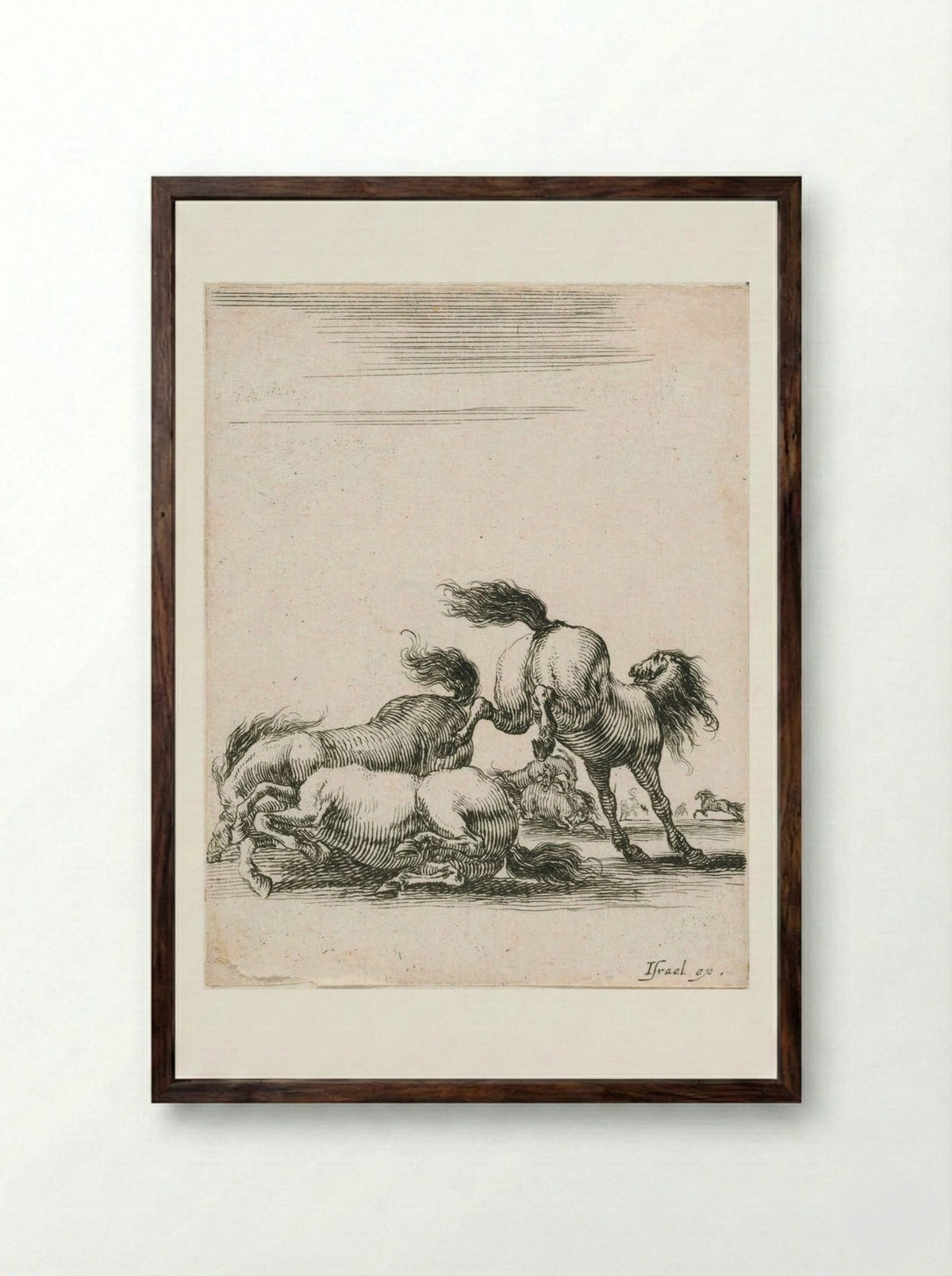 Three Horses Fighting - Stefano Della Bella - Framed Print Dark Wood