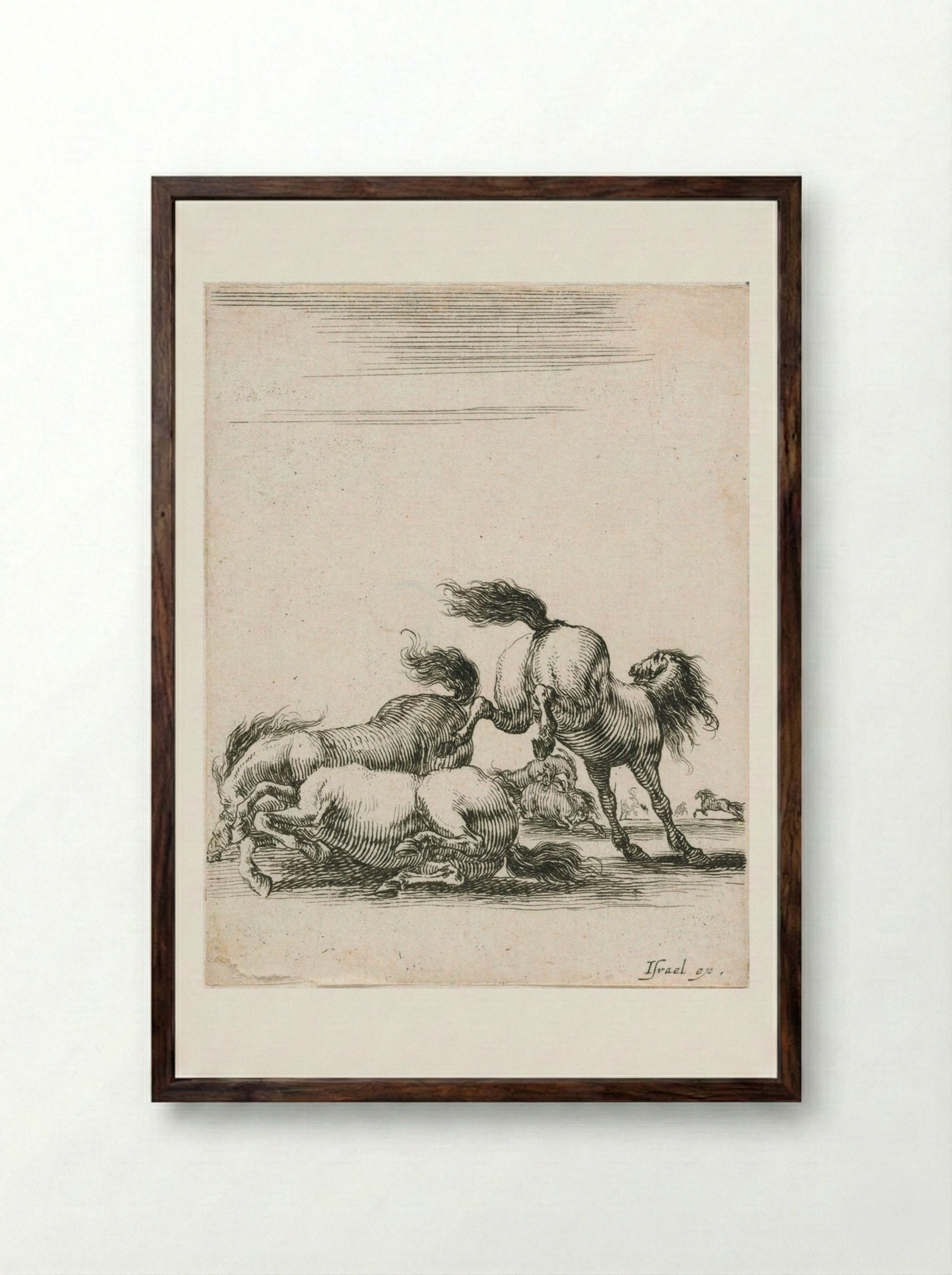 Three Horses Fighting - Stefano Della Bella - Framed Print Dark Wood