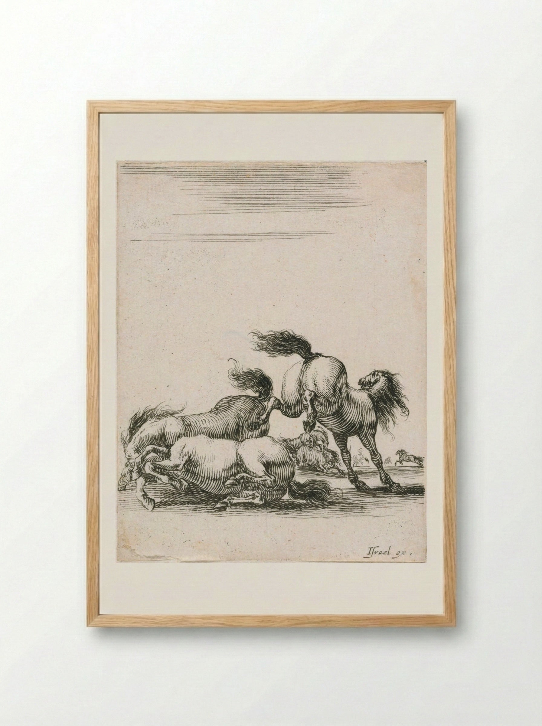 Three Horses Fighting - Stefano Della Bella - Framed Print Wood