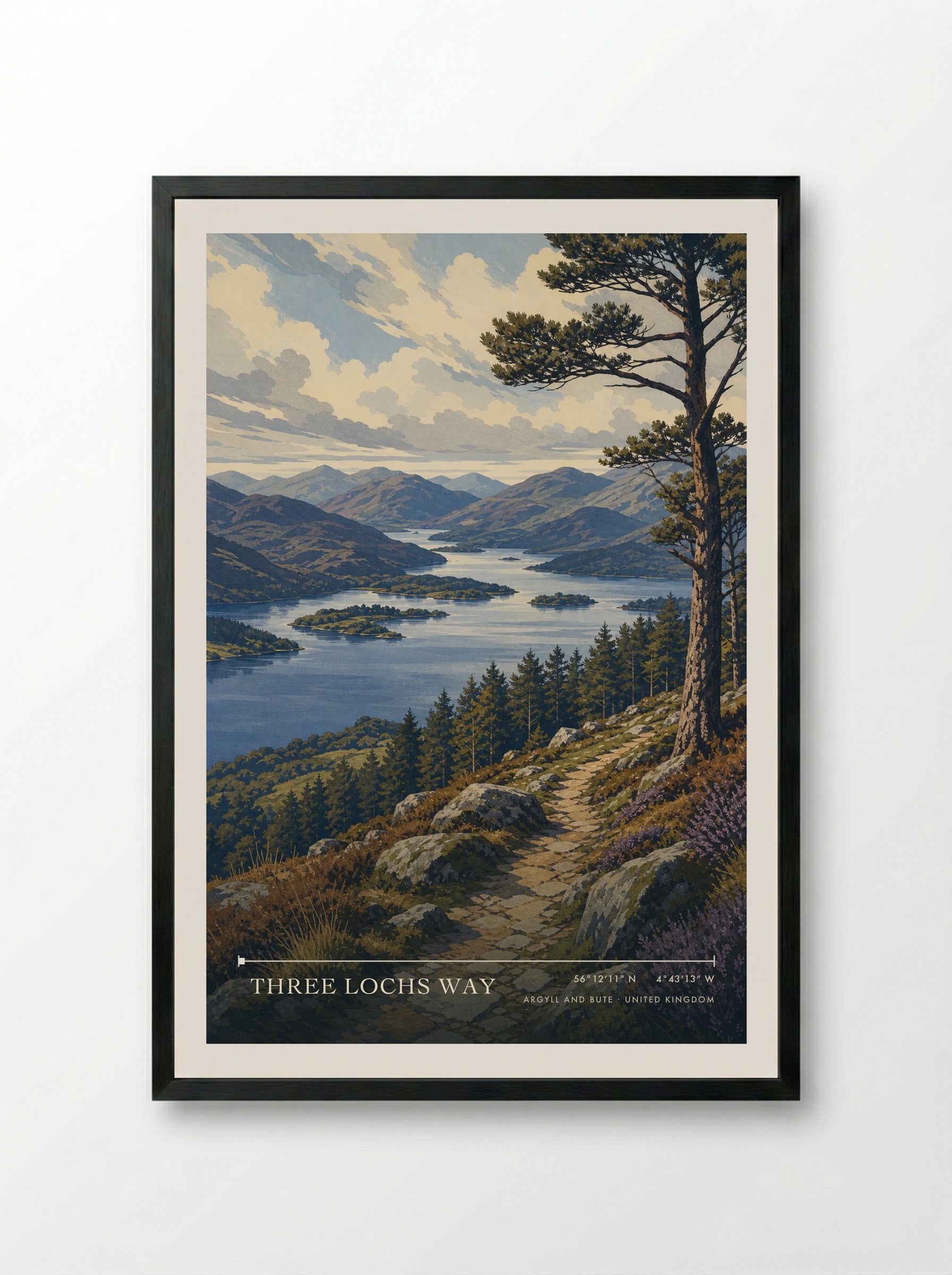 Three Lochs Way Argyll and Bute United Kingdom Travel Poster - Framed Print Black