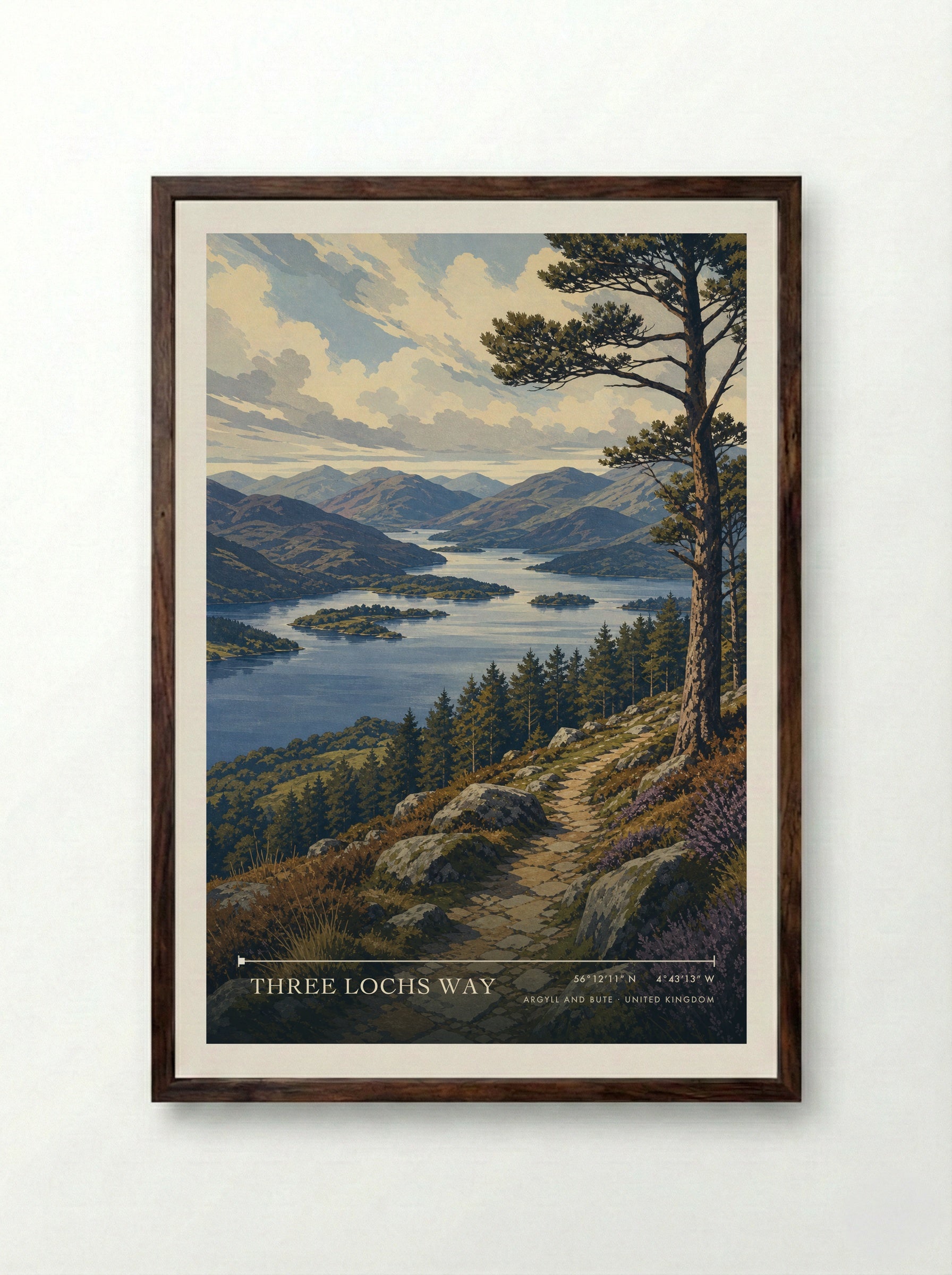 Three Lochs Way Argyll and Bute United Kingdom Travel Poster - Framed Print Dark Wood