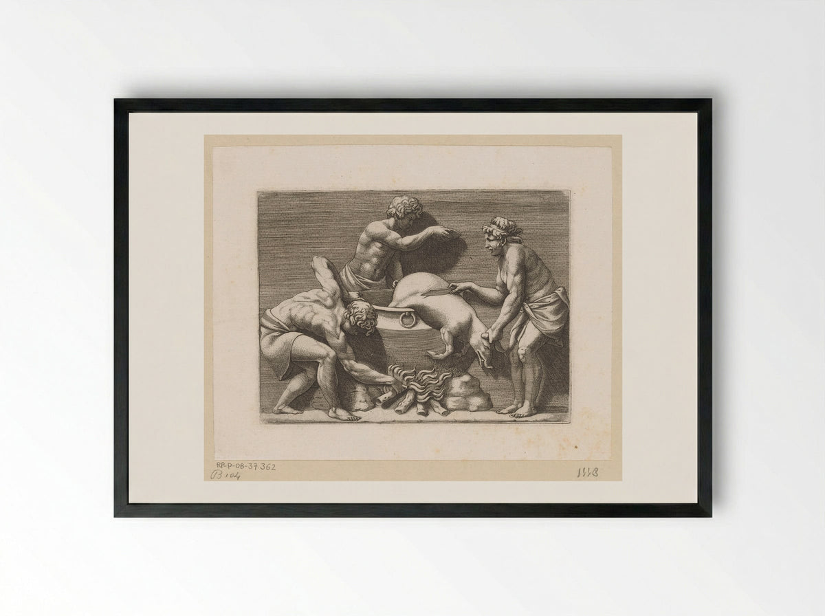 Three Men Sacrificing a Pig - Adamo Scultori - Framed Print Black