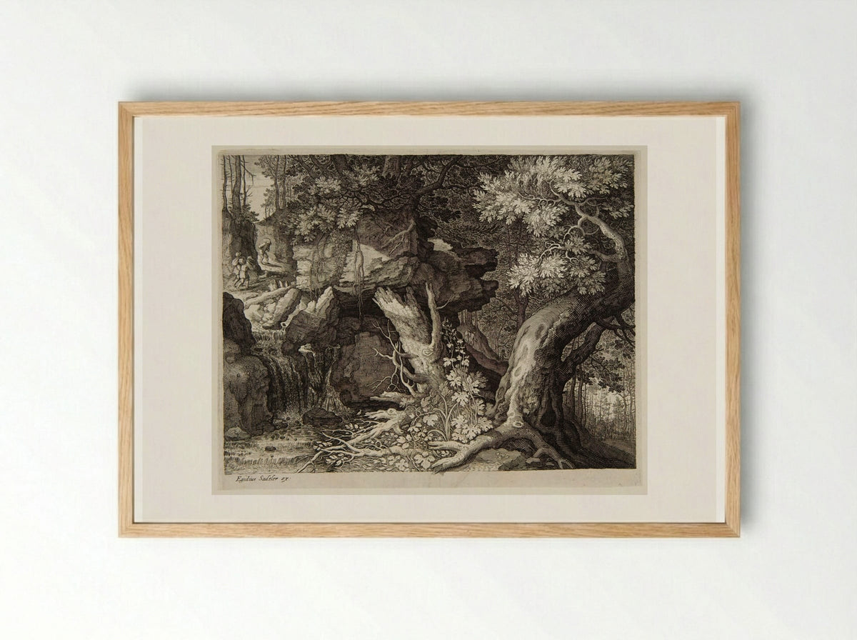 Three Men and a Dog on a Path above a Waterfall - Aegidius Sadeler II - Framed Print Wood