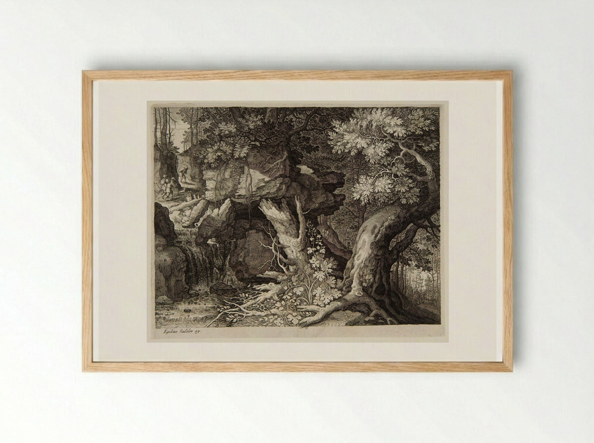 Three Men and a Dog on a Path above a Waterfall - Aegidius Sadeler II - Framed Print Wood