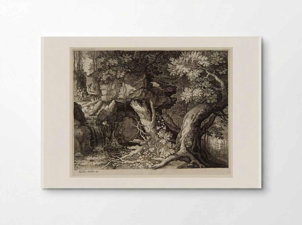 Three Men and a Dog on a Path above a Waterfall - Aegidius Sadeler II - Poster