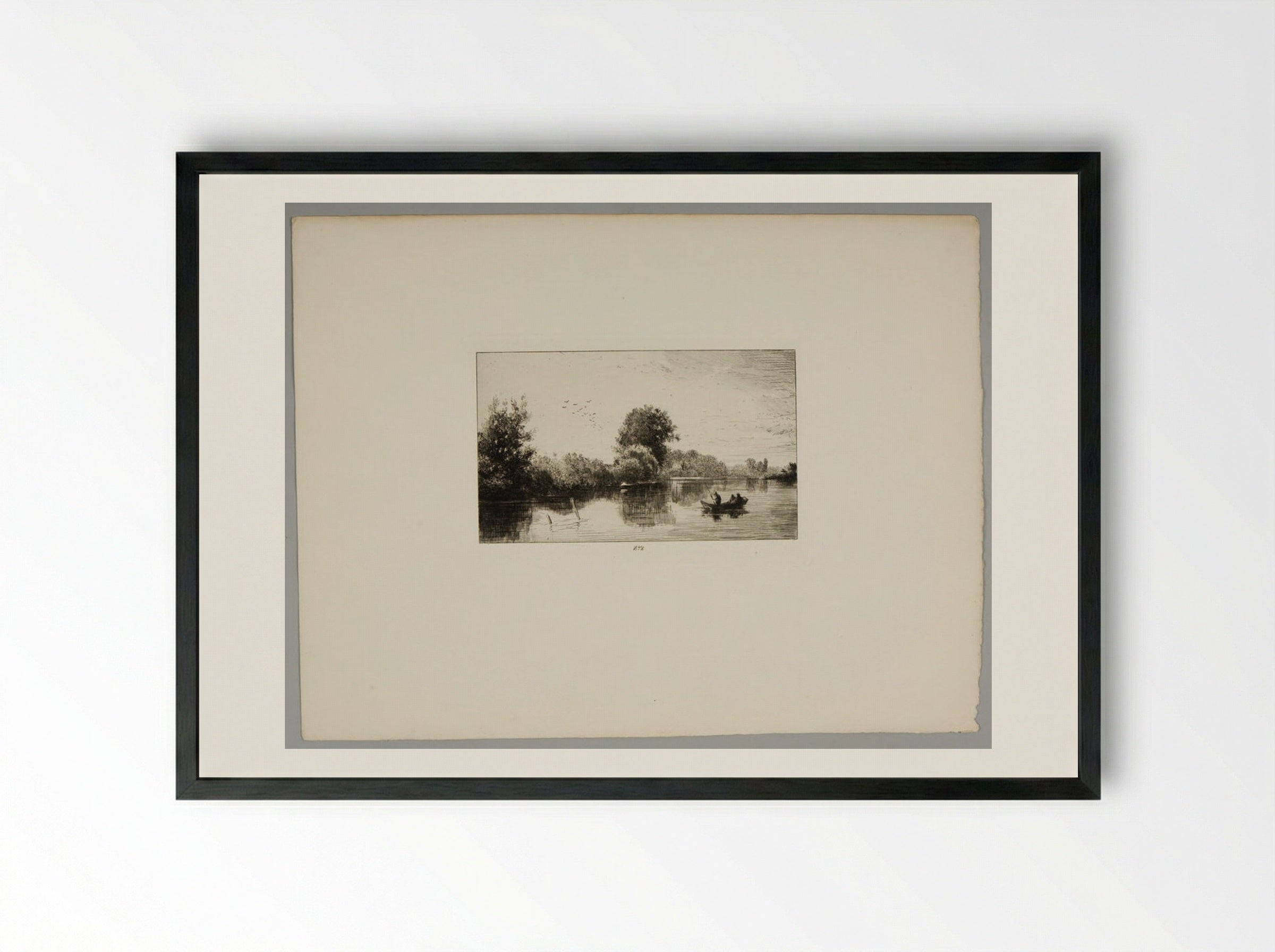 Three Men in a Punt on a River Bordered by Trees - Charles-Émile Jacque - Framed Print Black