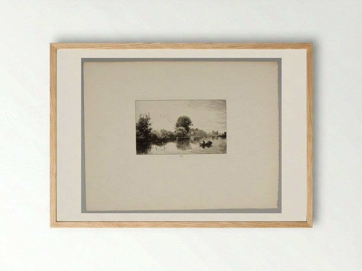 Three Men in a Punt on a River Bordered by Trees - Charles-Émile Jacque - Framed Print Wood