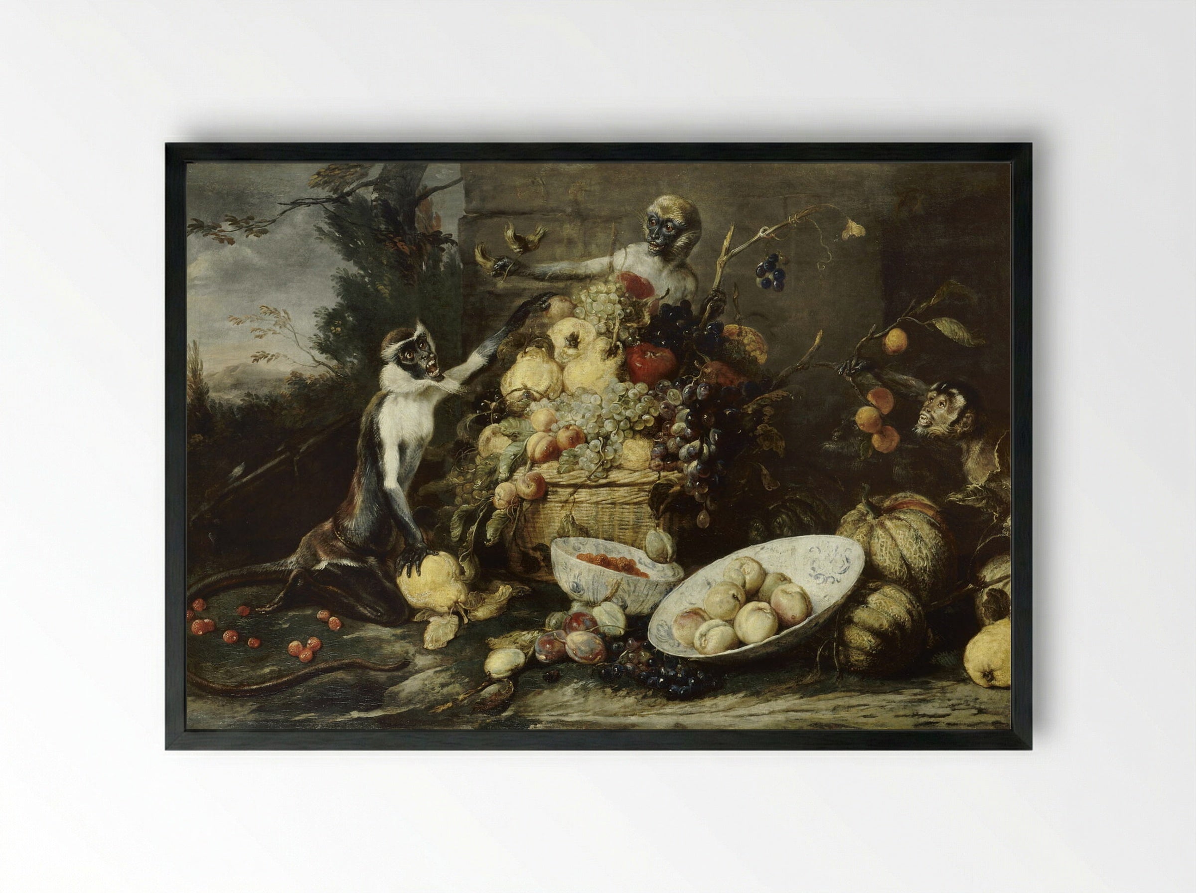 Three Monkeys Stealing Fruit - Frans Snyders - Framed Print Black
