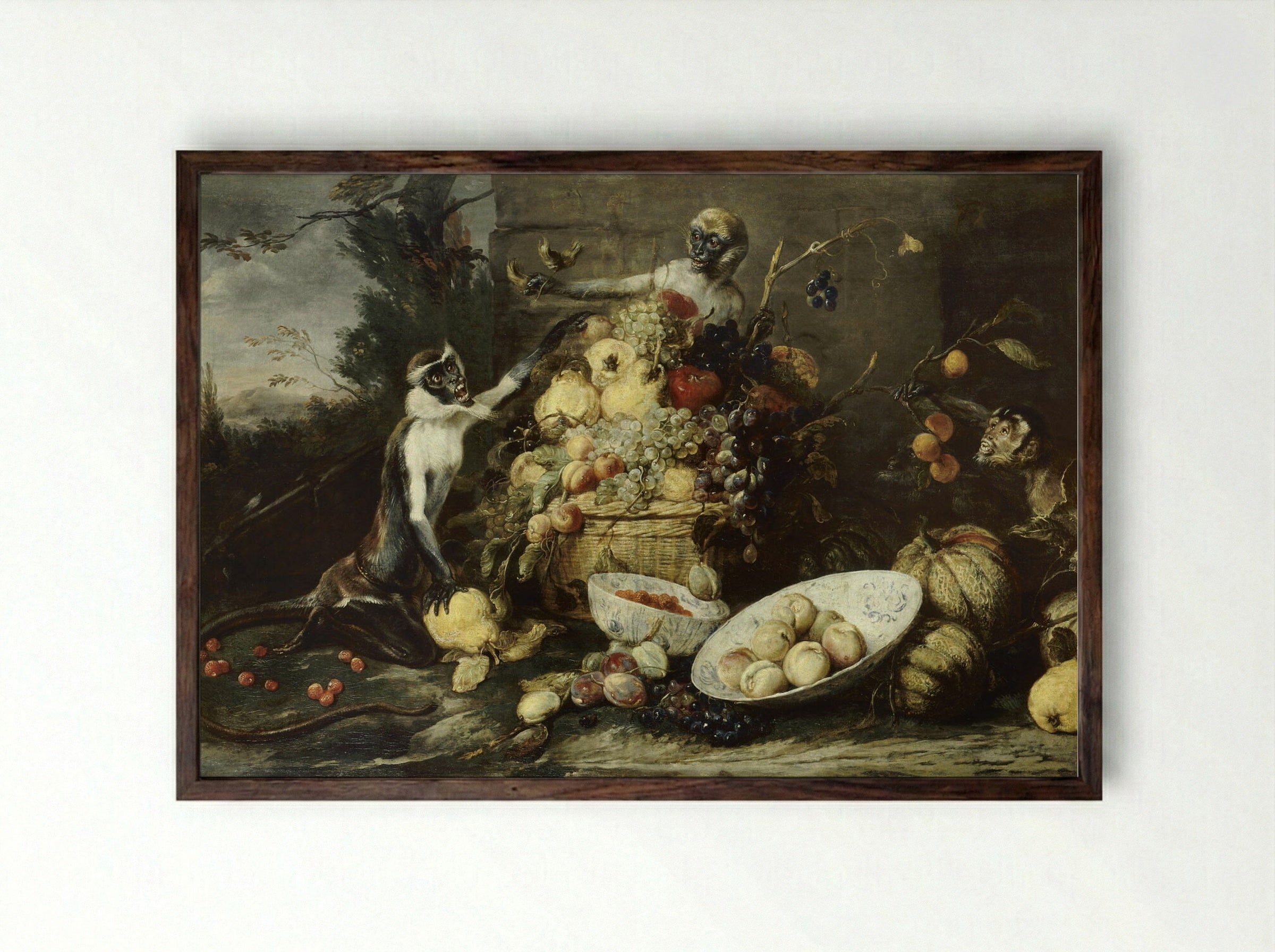 Three Monkeys Stealing Fruit - Frans Snyders - Framed Print Dark Wood