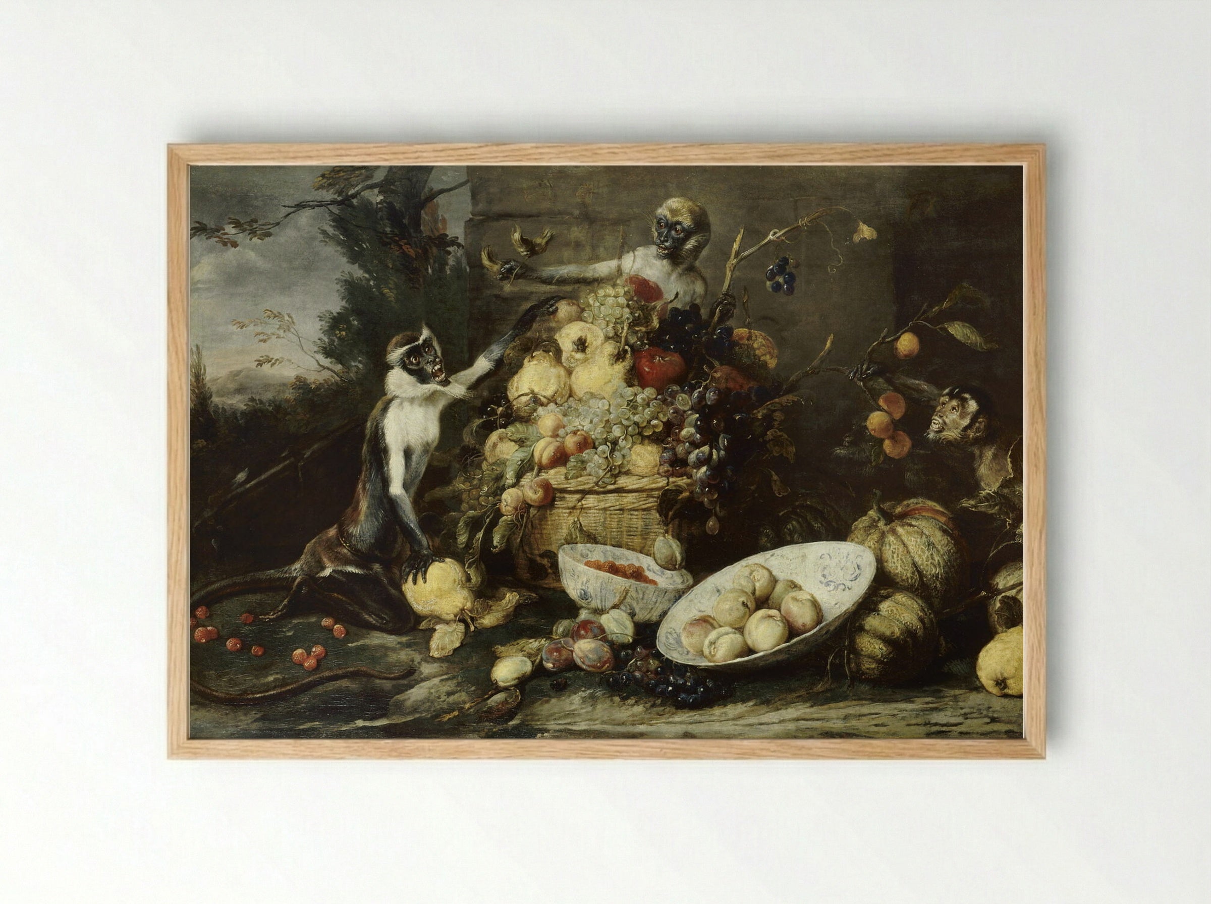 Three Monkeys Stealing Fruit - Frans Snyders - Framed Print Wood