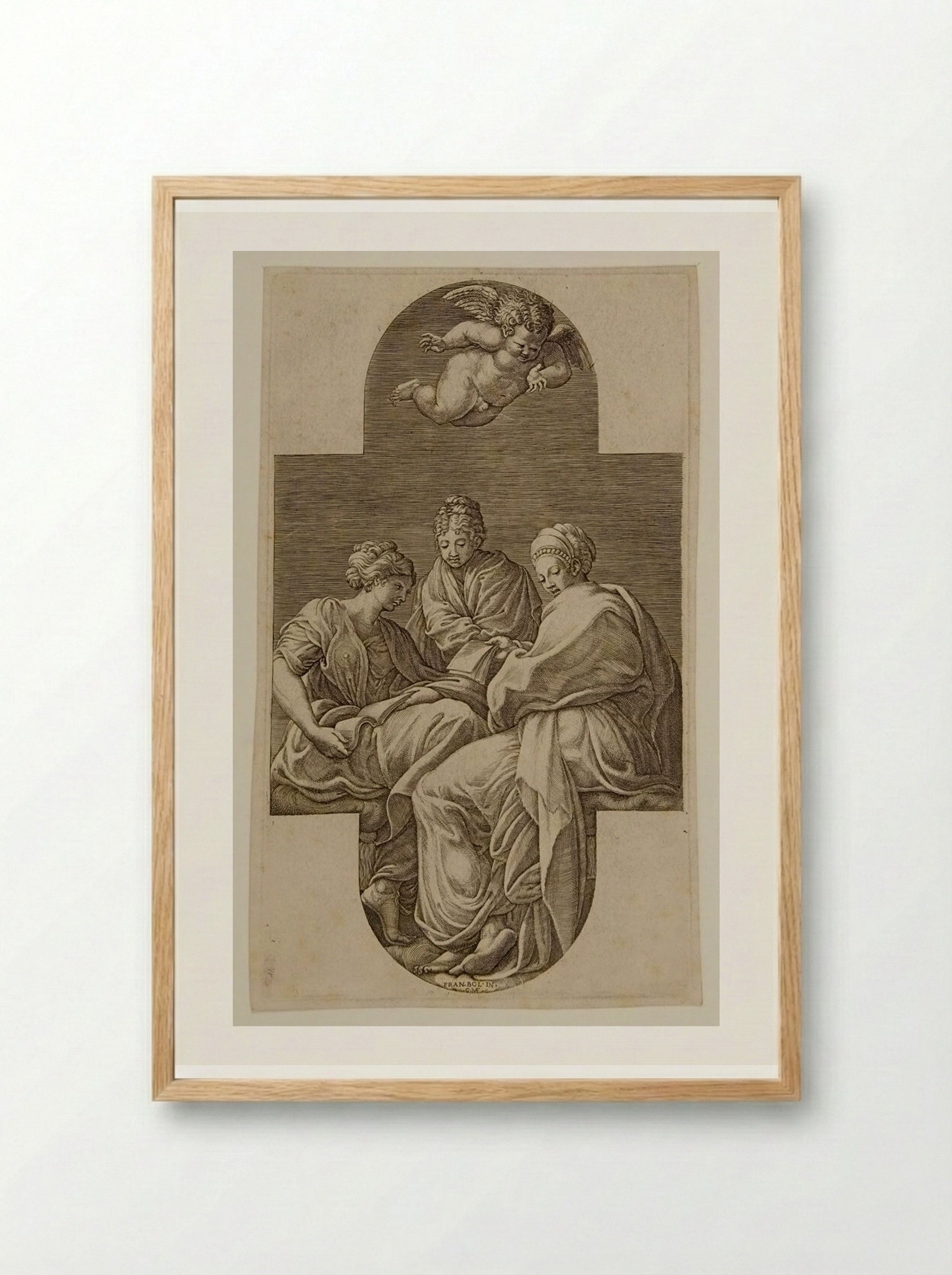 Three Muses and a Putto with a Lyre - Giorgio Ghisi - Framed Print Wood