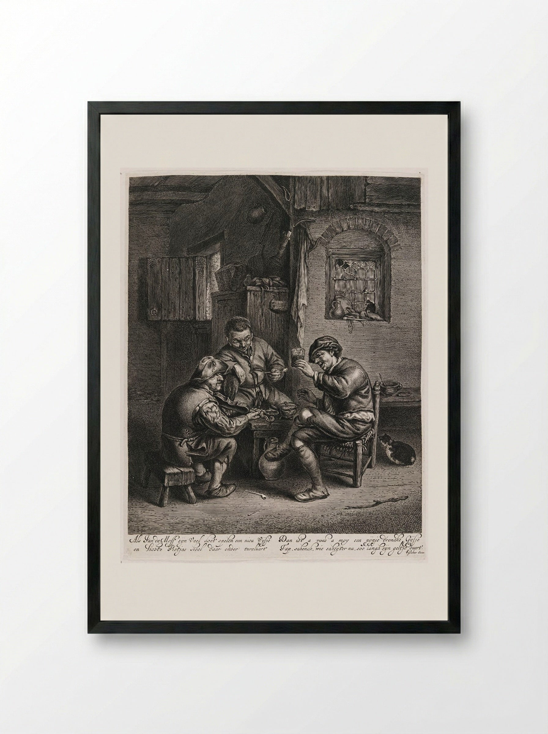 Three Peasants Around a Bench in an Interior - Jonas Suyderhoef - Framed Print Black