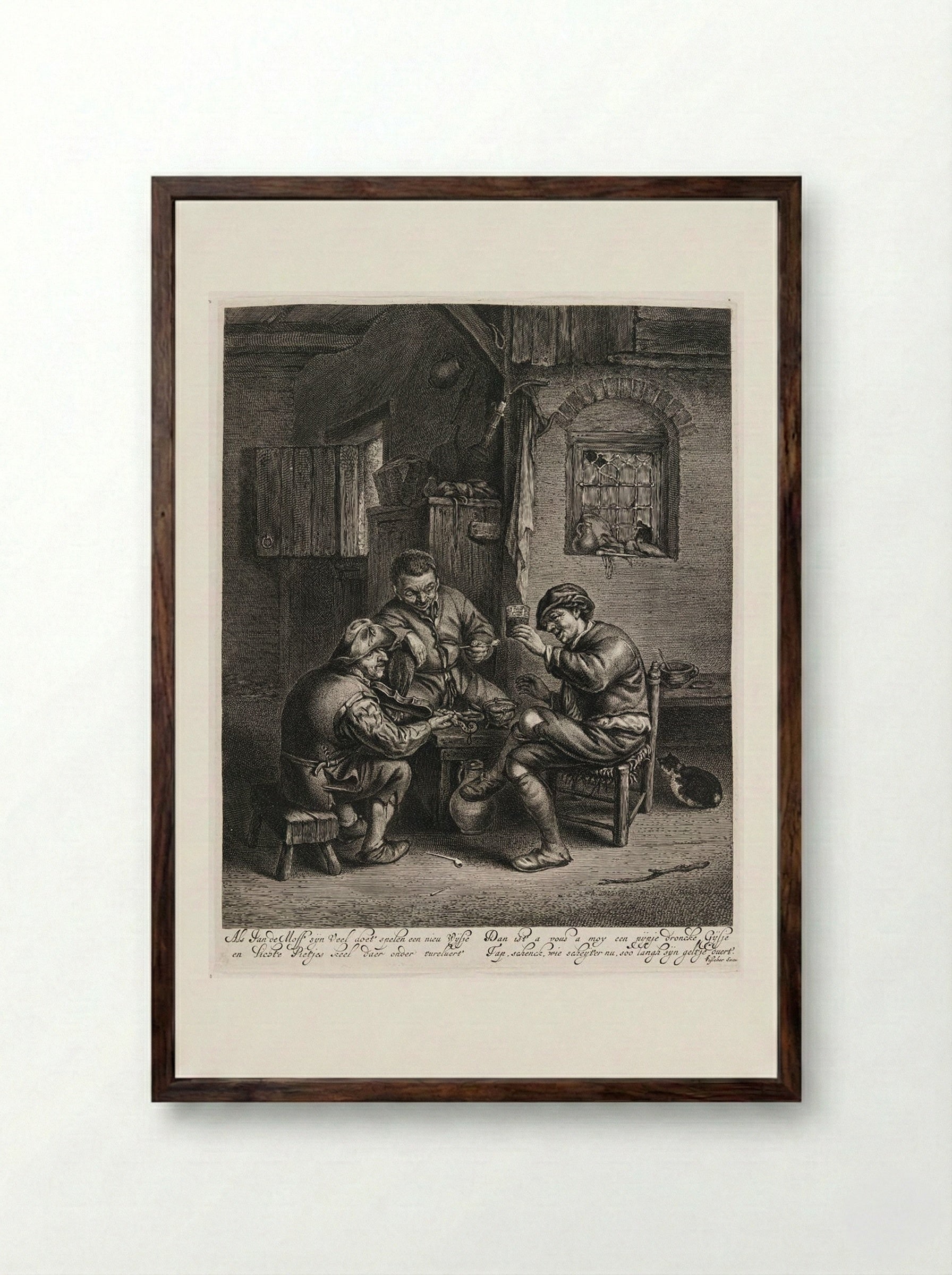 Three Peasants Around a Bench in an Interior - Jonas Suyderhoef - Framed Print Dark Wood