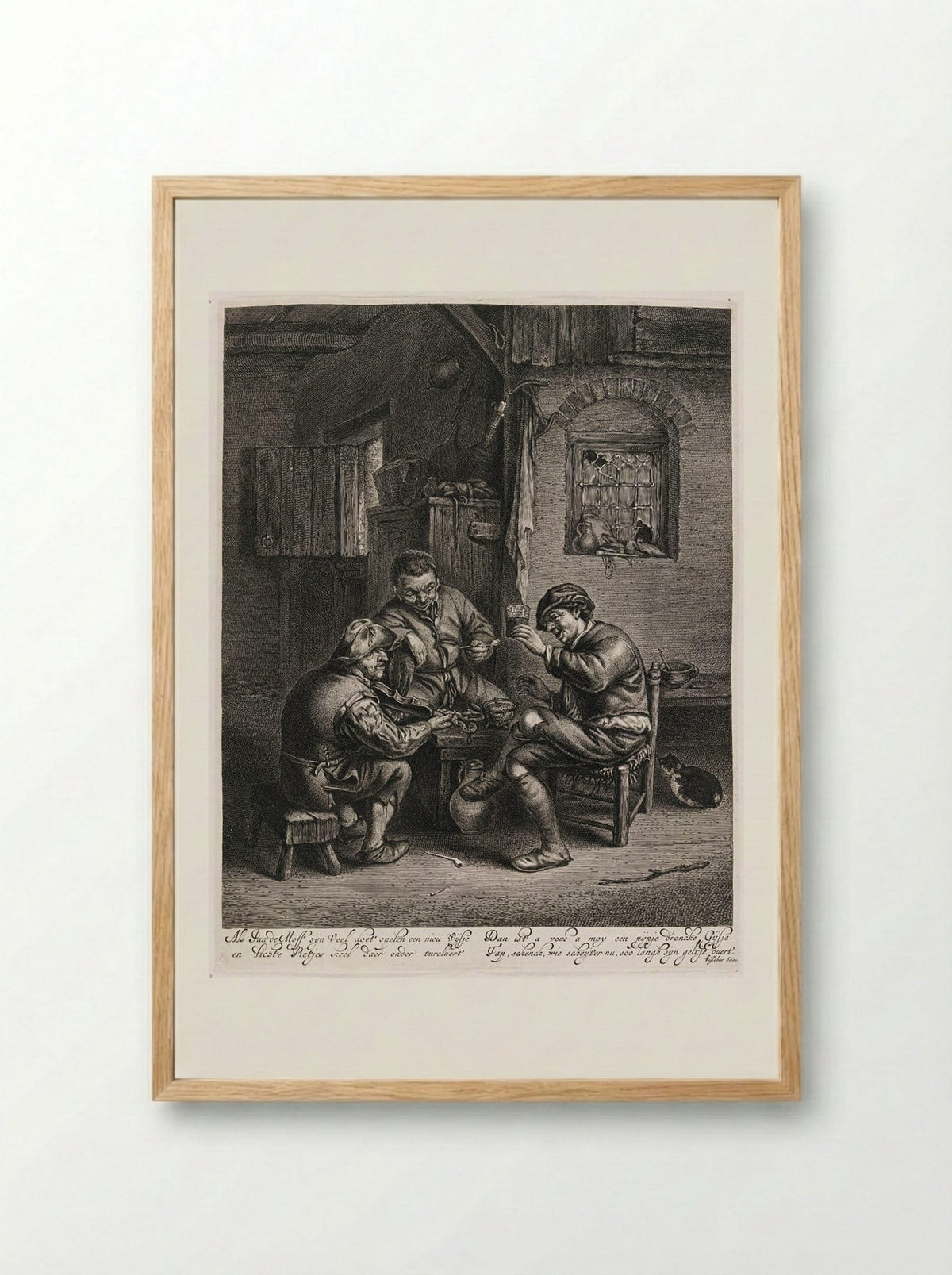 Three Peasants Around a Bench in an Interior - Jonas Suyderhoef - Framed Print Wood