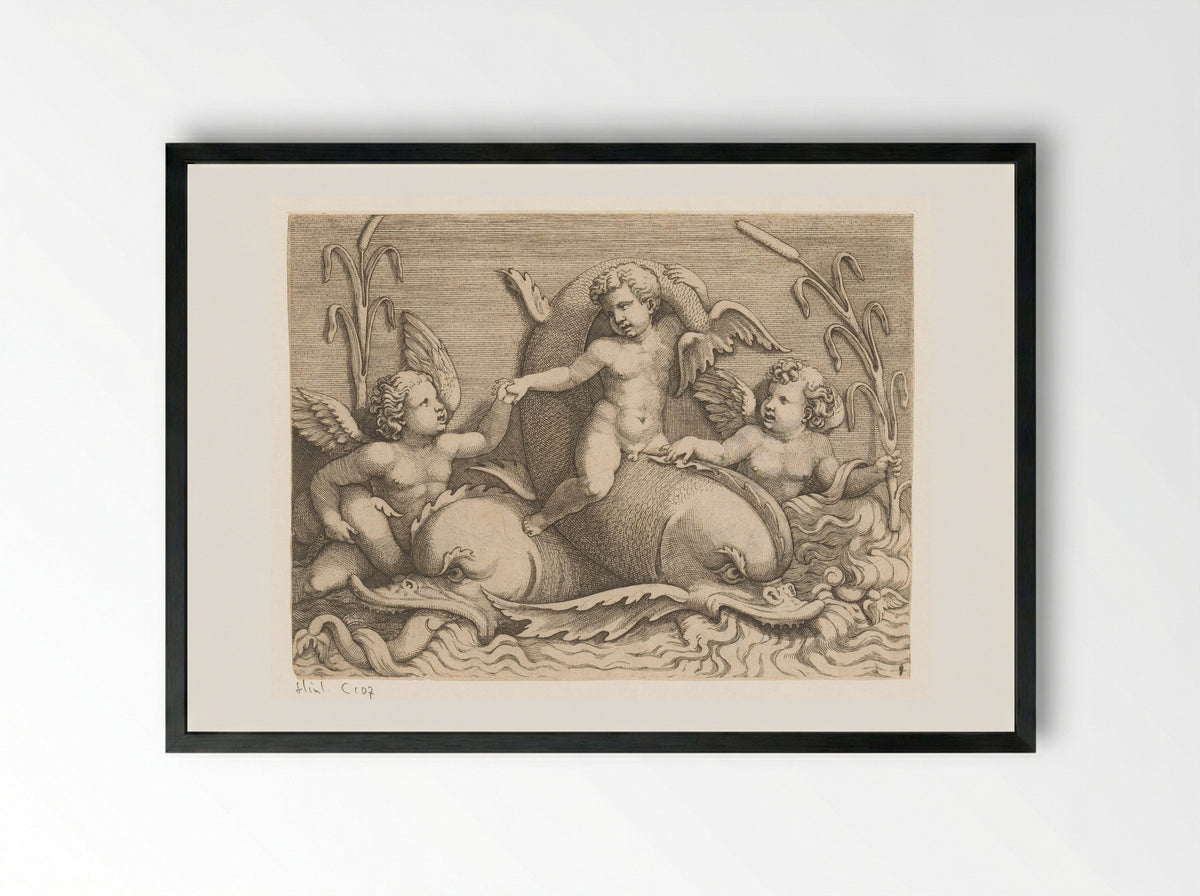 Three Putti with Dolphins - Adamo Scultori - Framed Print Black