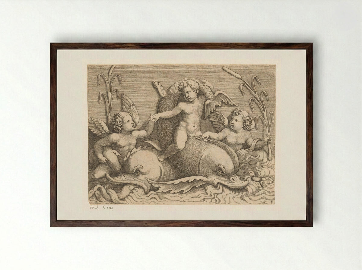 Three Putti with Dolphins - Adamo Scultori - Framed Print Dark Wood