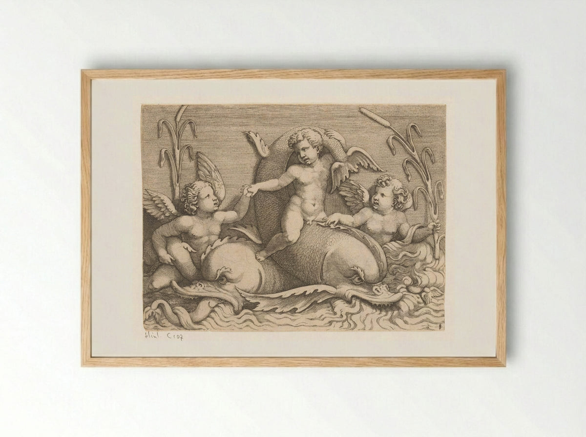 Three Putti with Dolphins - Adamo Scultori - Framed Print Wood
