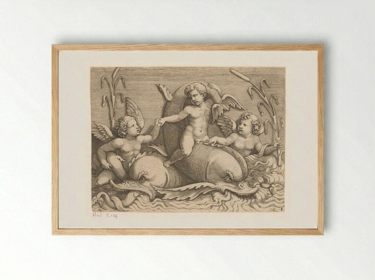 Three Putti with Dolphins - Adamo Scultori - Framed Print Wood