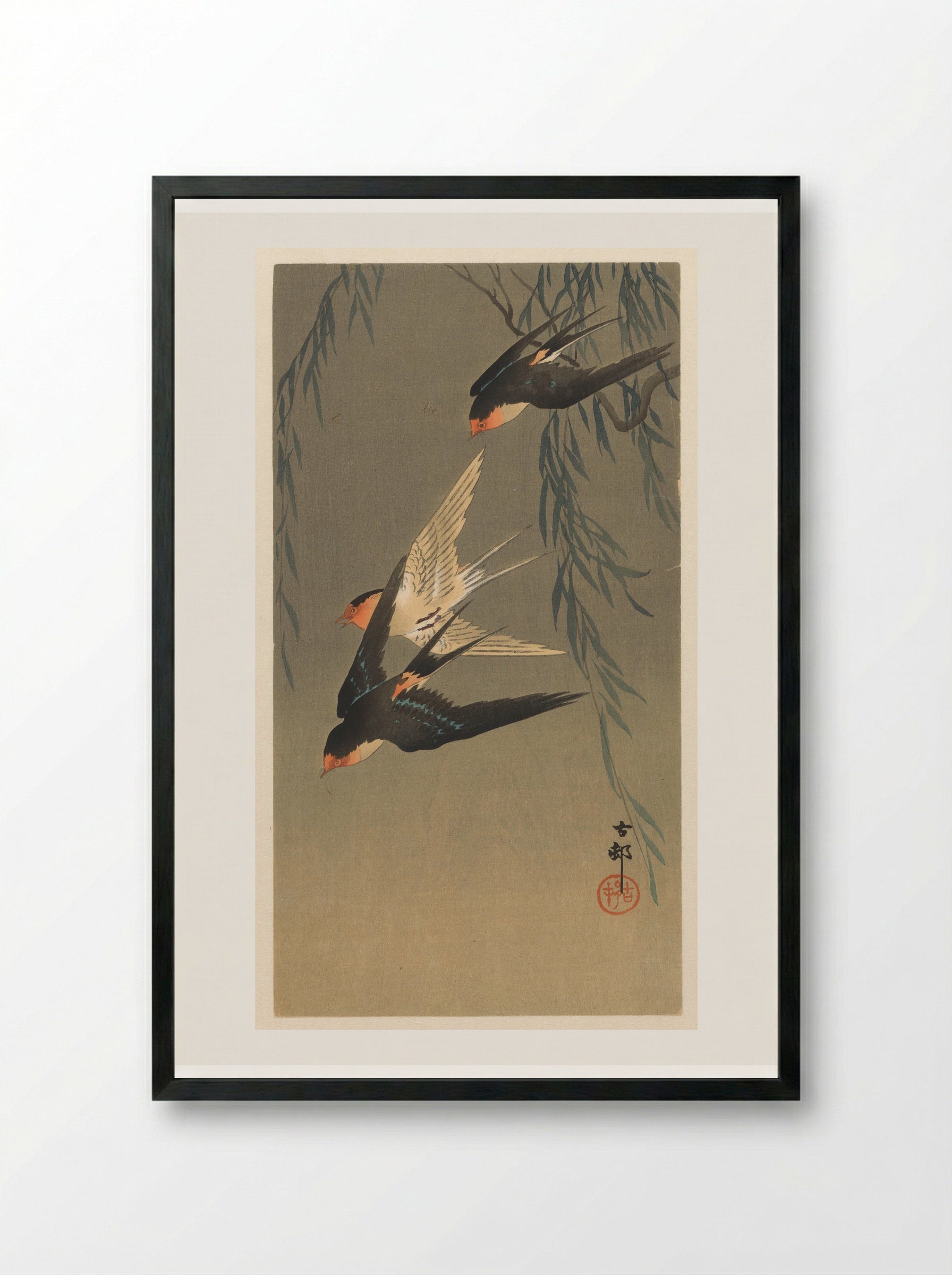 Three Red-rumped Swallows in a Dive - Matsuki Heikichi - Framed Print Black