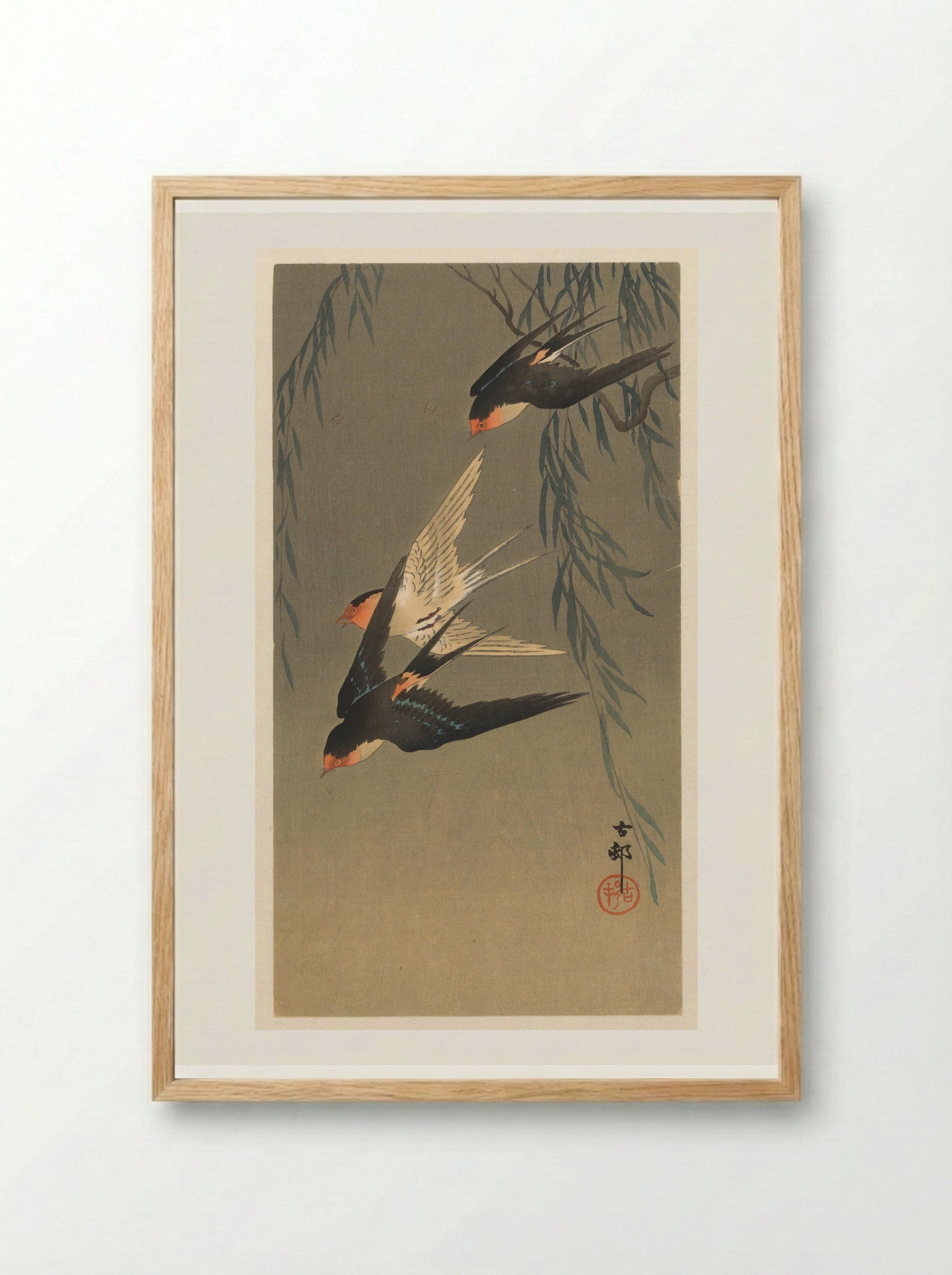 Three Red-rumped Swallows in a Dive - Matsuki Heikichi - Framed Print Wood