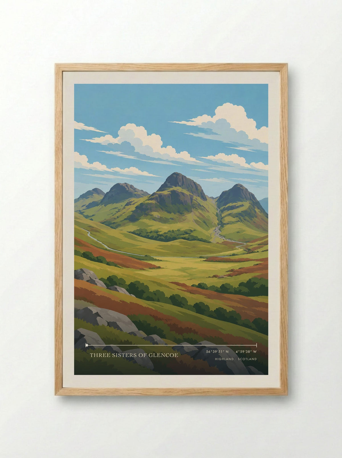 Three Sisters of Glencoe, Highland | Travel Poster - Framed Print Wood