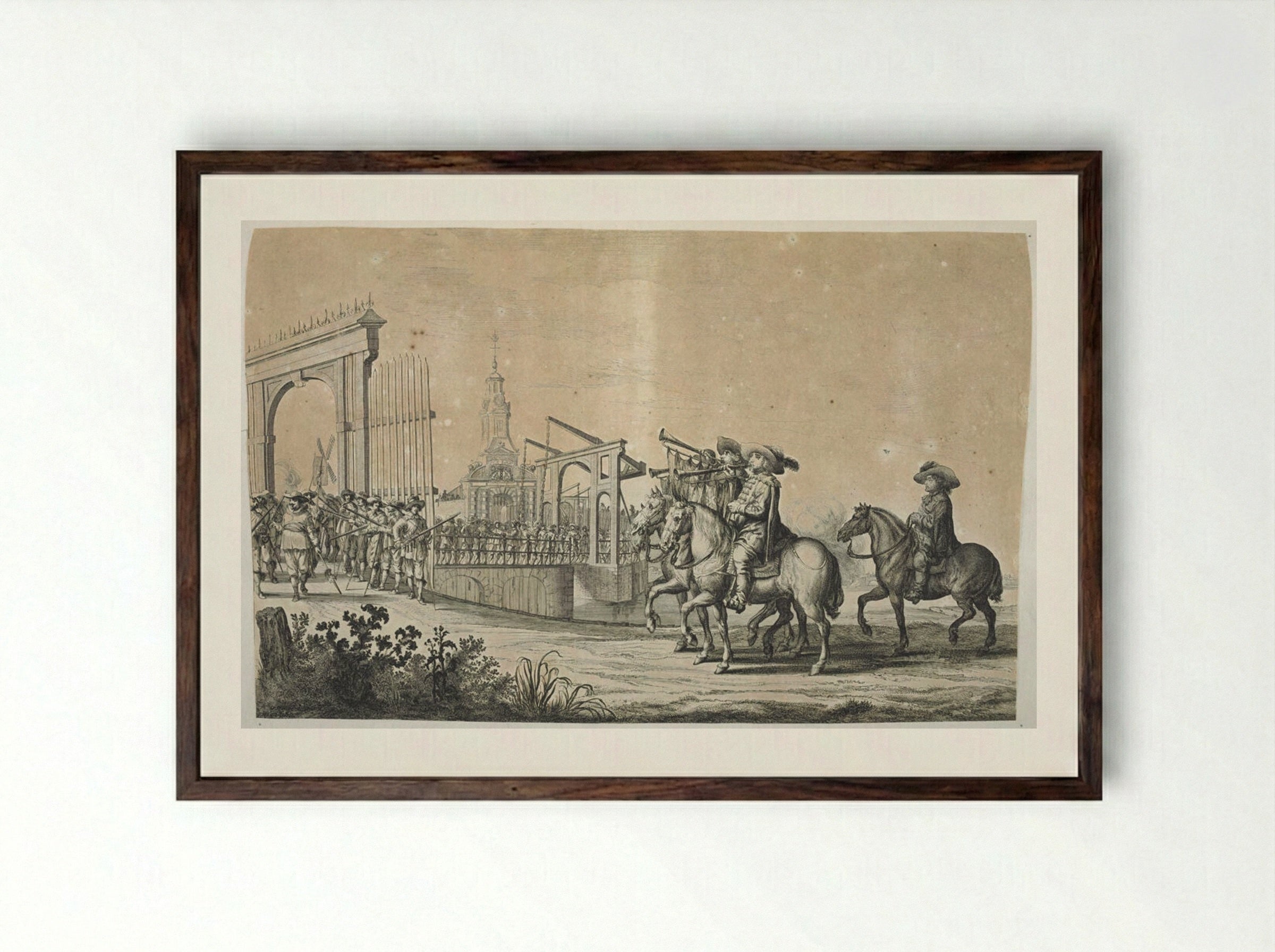Three Trumpeters at the Gates of Amsterdam - Pieter Nolpe - Framed Print Dark Wood