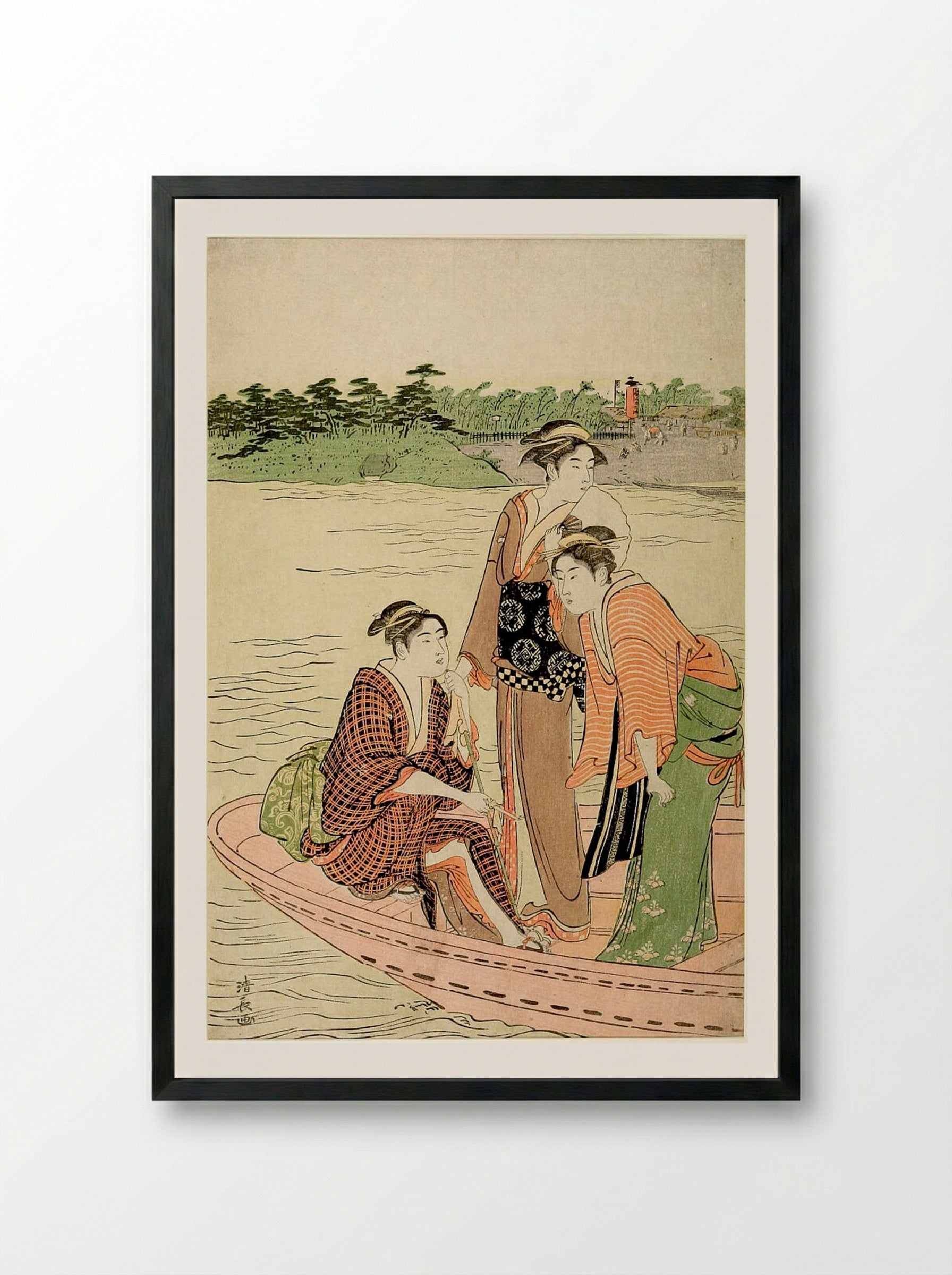 Three Women Boating - Torii Kiyonaga - Framed Print Black