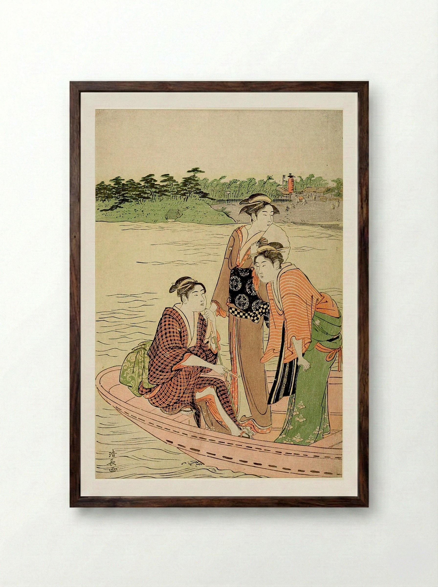 Three Women Boating - Torii Kiyonaga - Framed Print Dark Wood