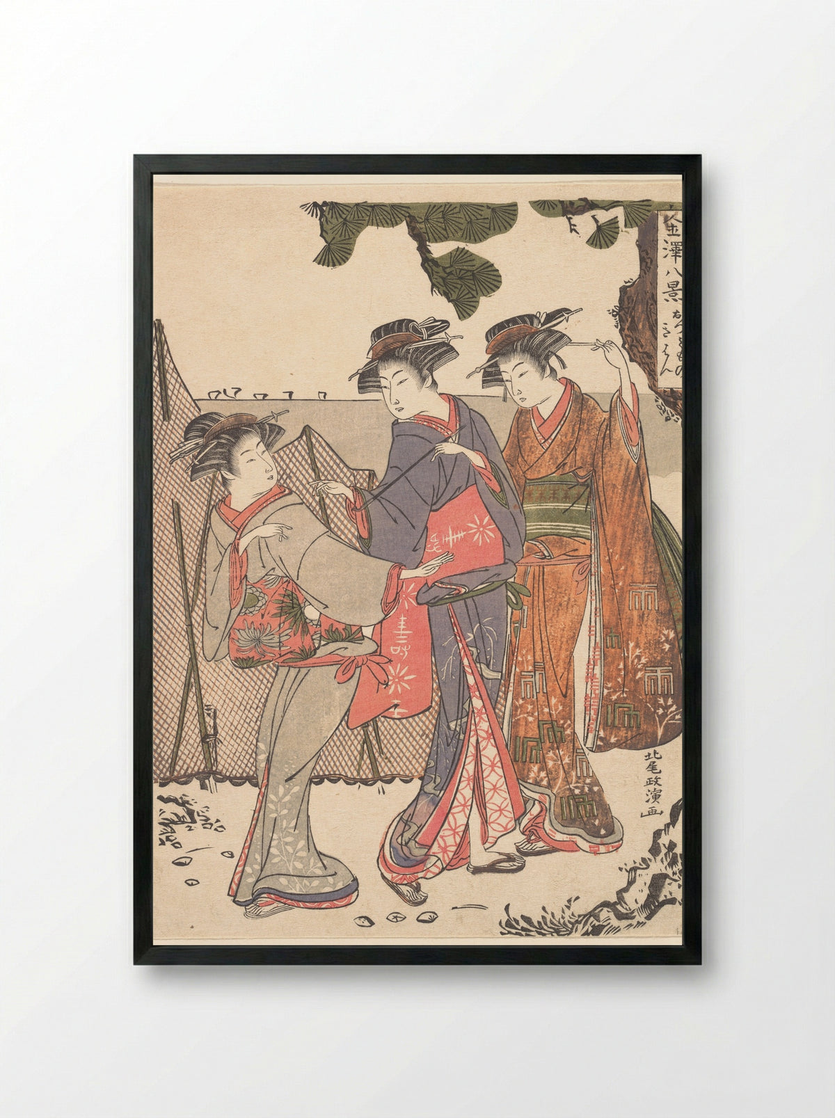 Three Women Standing on the Seashore - Kitao Masanobu - Framed Print Black