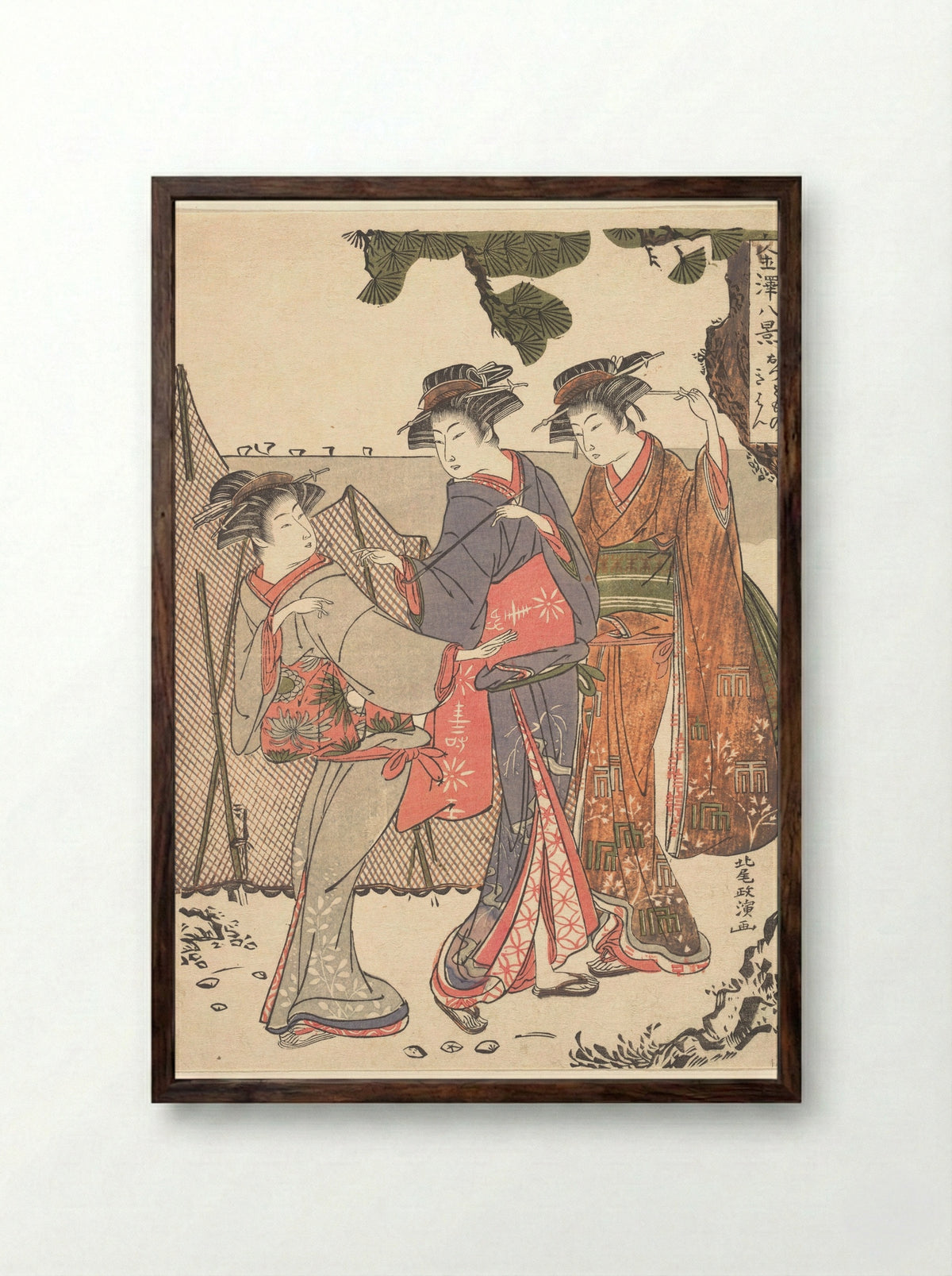 Three Women Standing on the Seashore - Kitao Masanobu - Framed Print Dark Wood