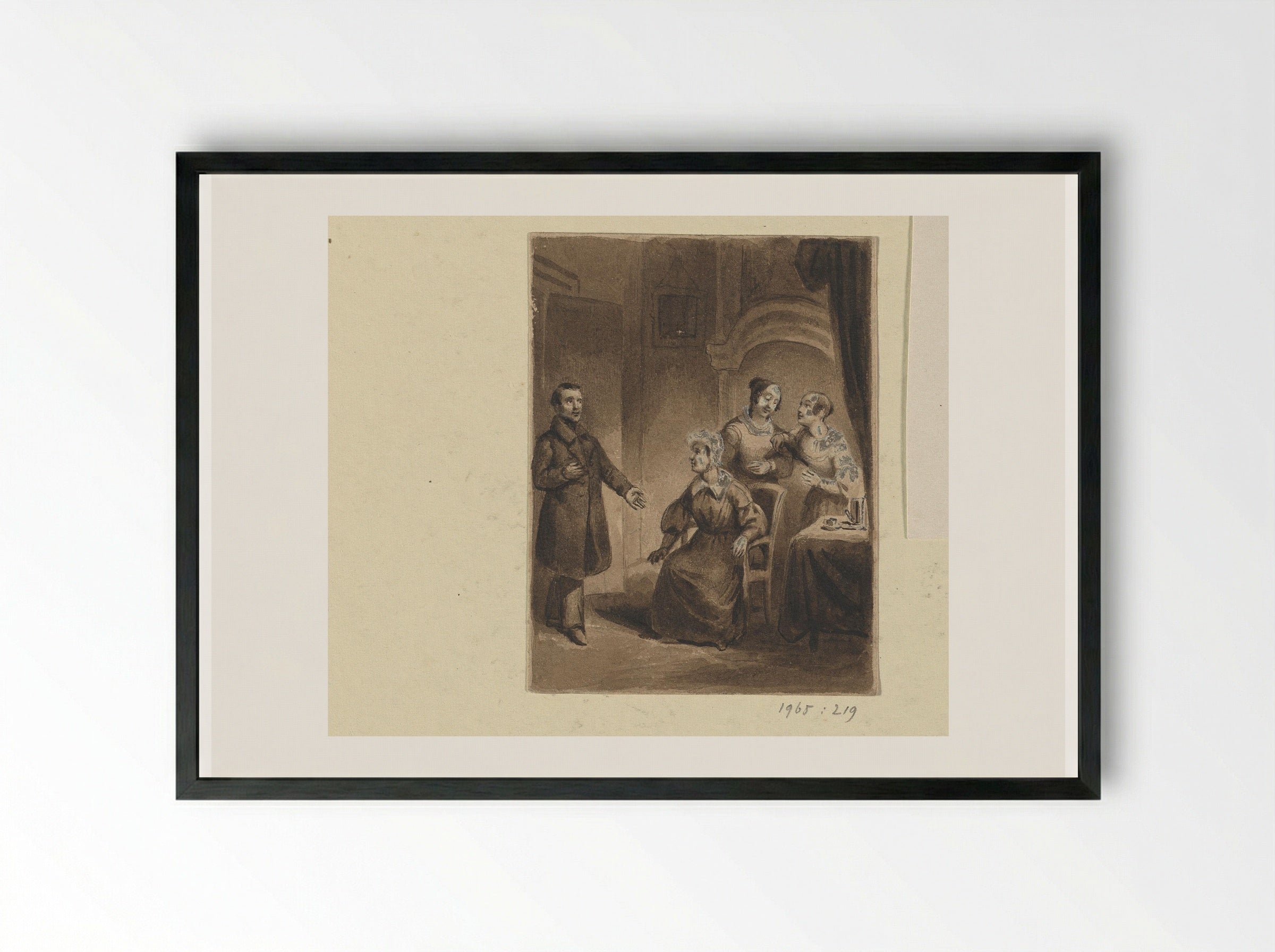 Three Women in an Interior with an Entering Man - Johann Wilhelm Kaiser - Framed Print Black