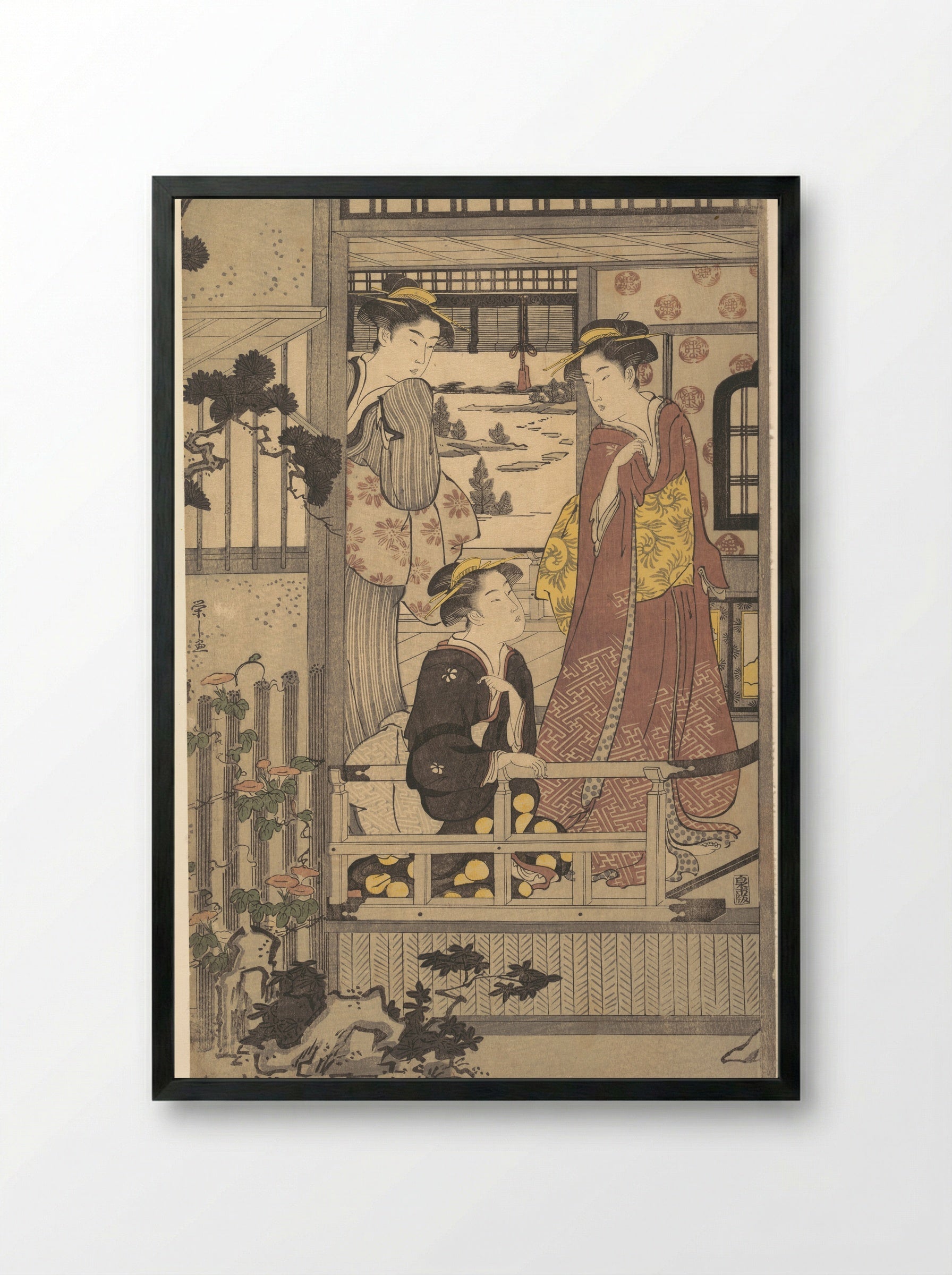 Three Women on a Veranda - Chōbunsai Eishi - Framed Print Black