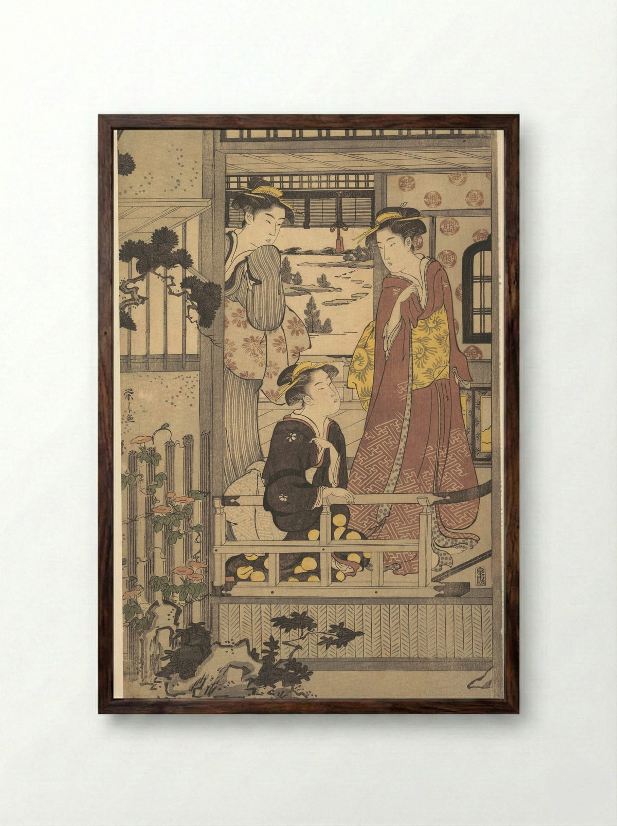 Three Women on a Veranda - Chōbunsai Eishi - Framed Print Dark Wood