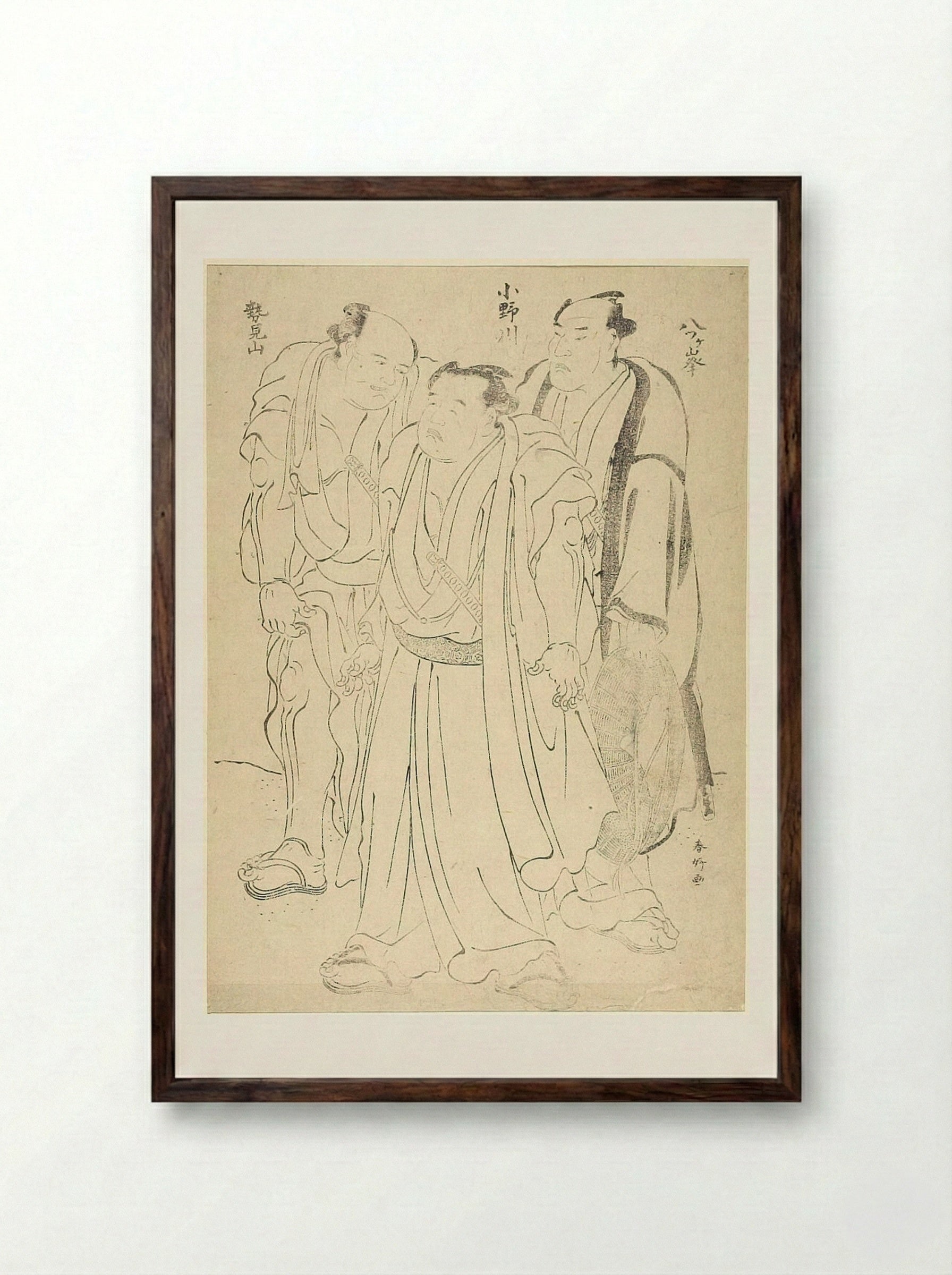 Three Wrestlers: Hatsugamine, Onogawa and Kiyomiyama - Katsukawa Shunkō - Framed Print Dark Wood