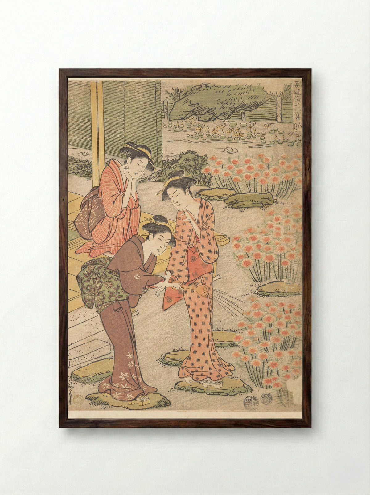 Three Young Women in a Garden where Nadeshiko Pinks are Growing - Kuwagata Keisai - Framed Print Dark Wood