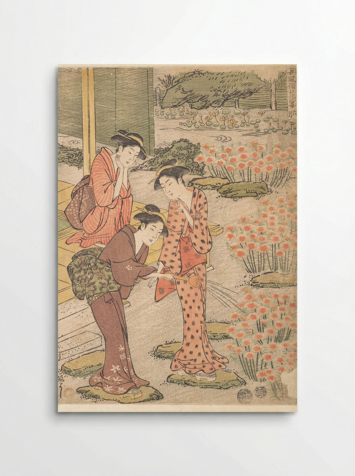 Three Young Women in a Garden where Nadeshiko Pinks are Growing - Kuwagata Keisai - Poster