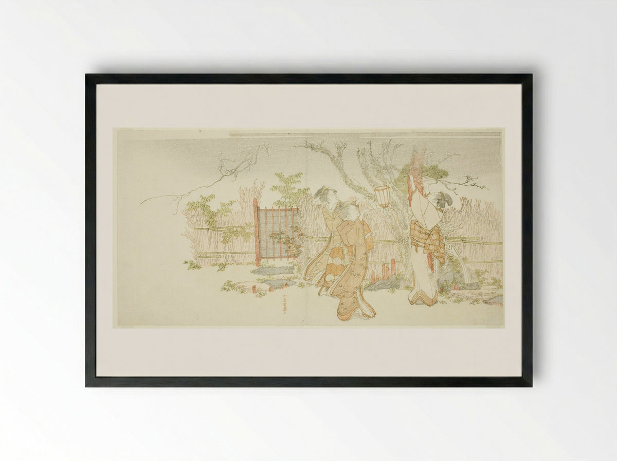 Three women beneath a plum tree at night - Katsushika Hokusai - Framed Print Black