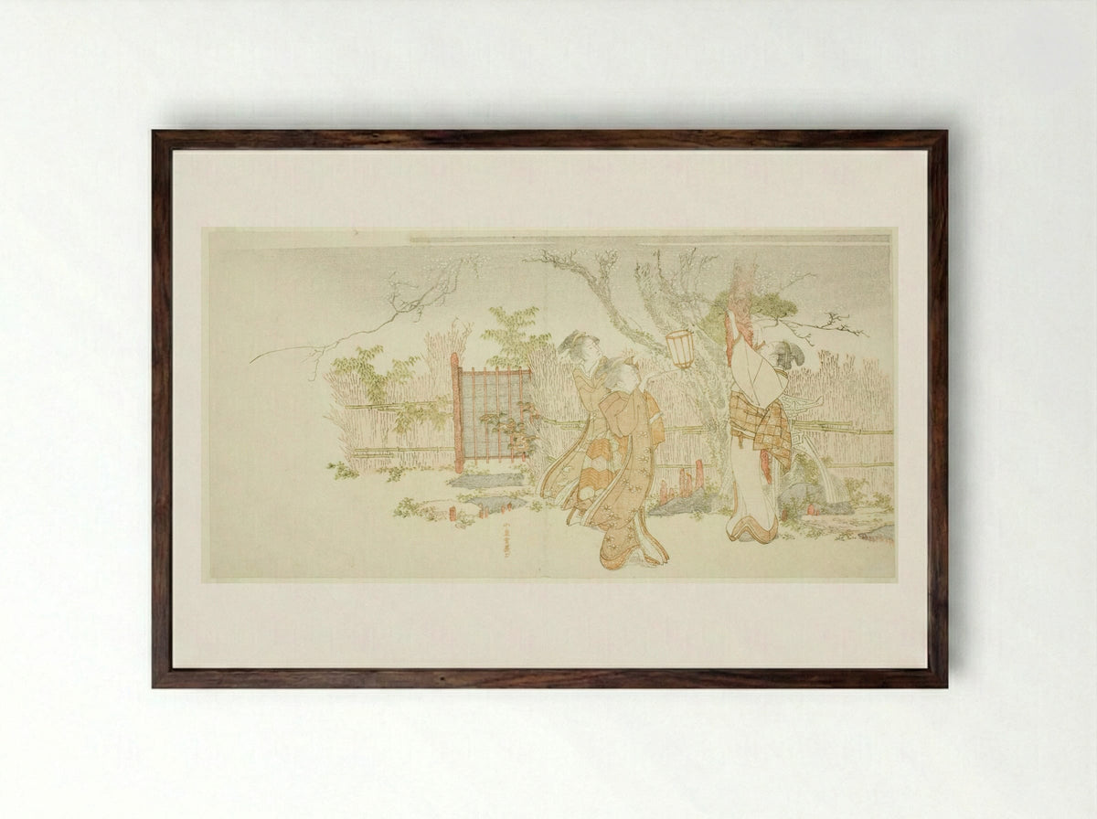 Three women beneath a plum tree at night - Katsushika Hokusai - Framed Print Dark Wood