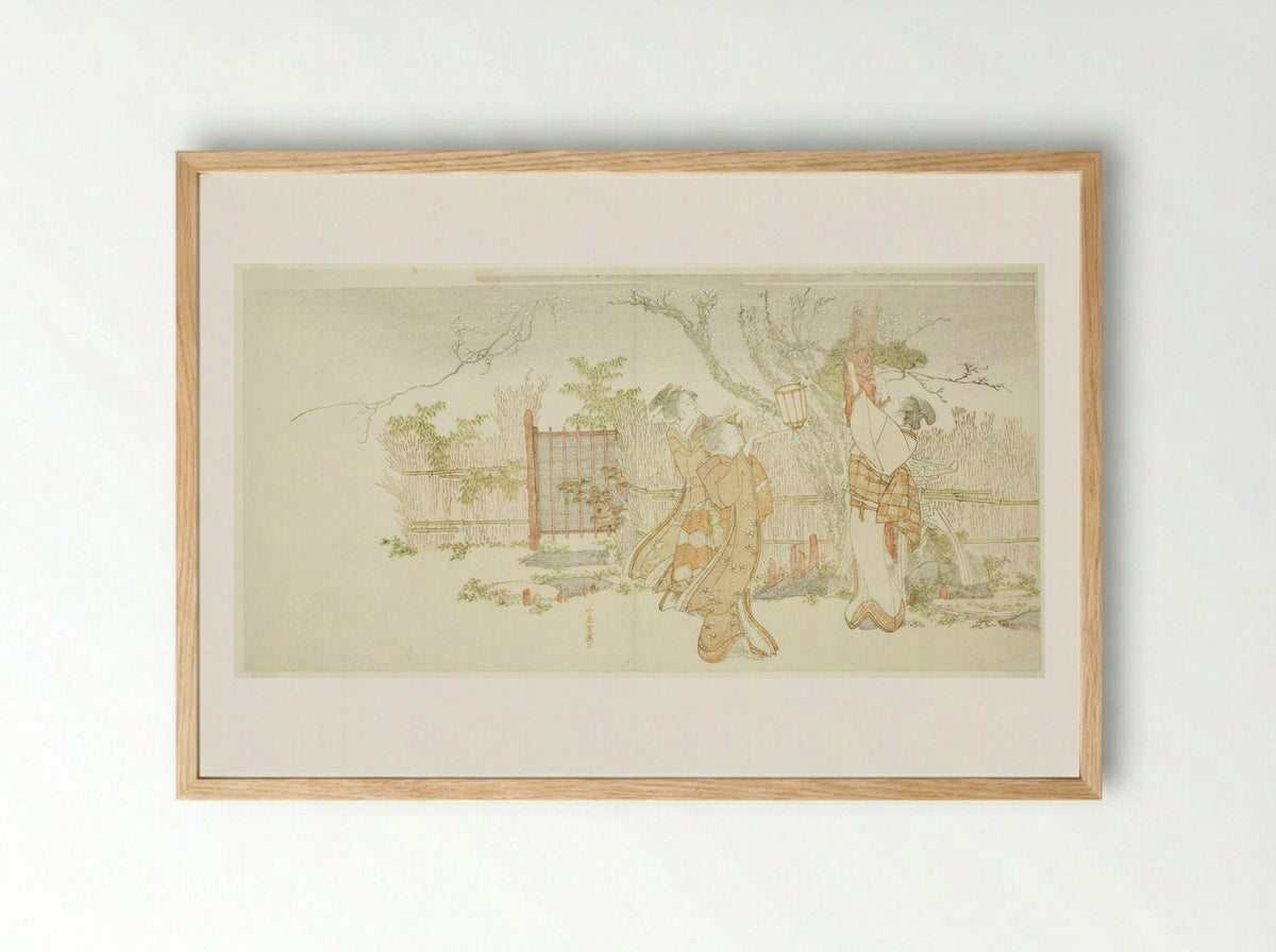 Three women beneath a plum tree at night - Katsushika Hokusai - Framed Print Wood