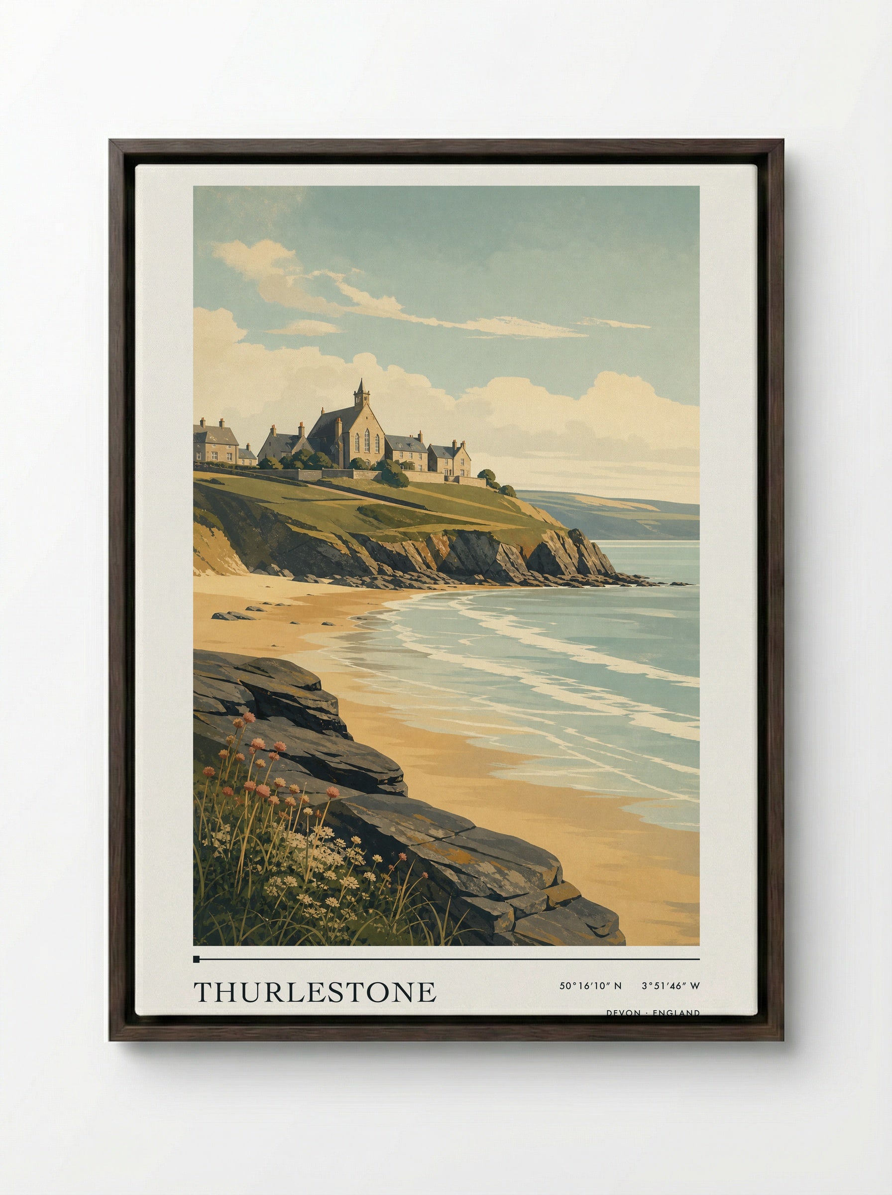 Thurlestone Devon England Travel Poster - Framed Canvas Dark Wood