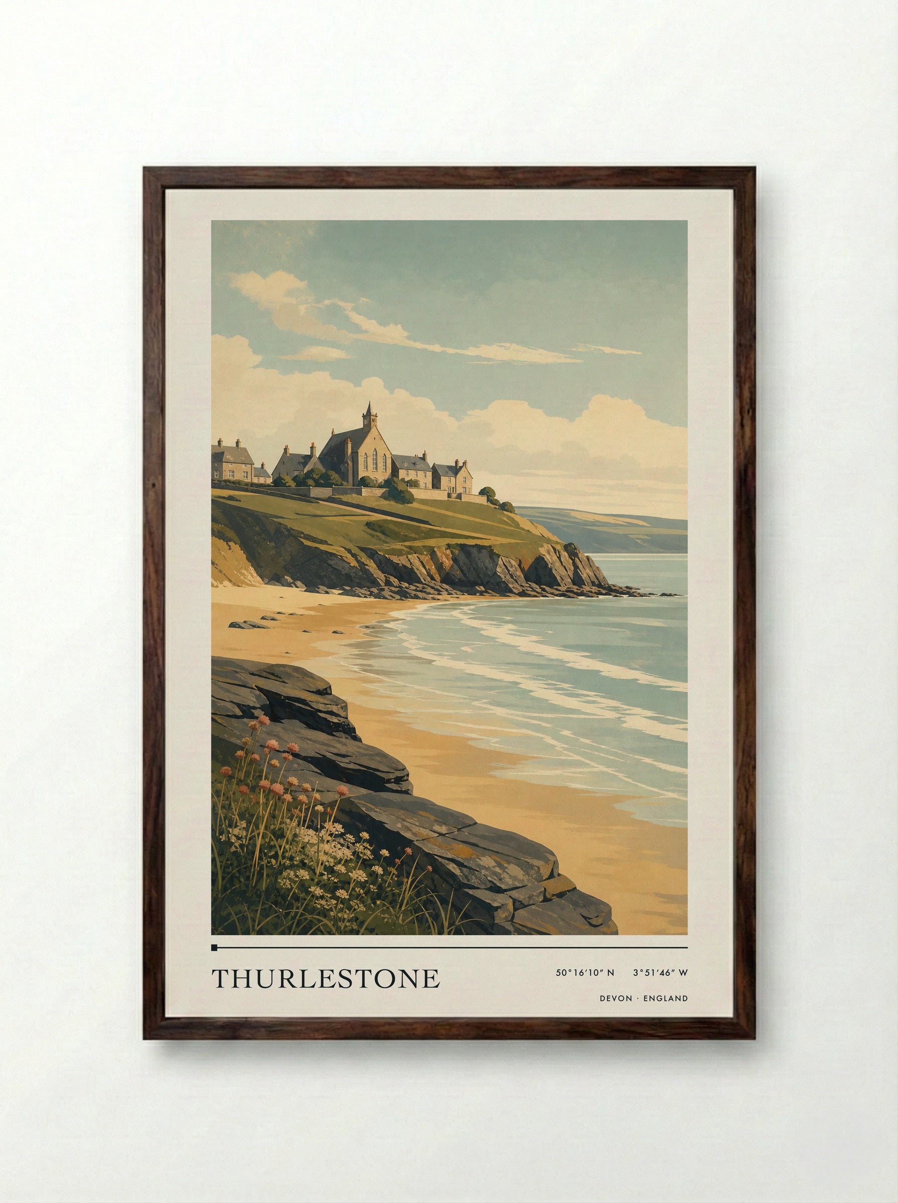 Thurlestone Devon England Travel Poster - Framed Print Dark Wood