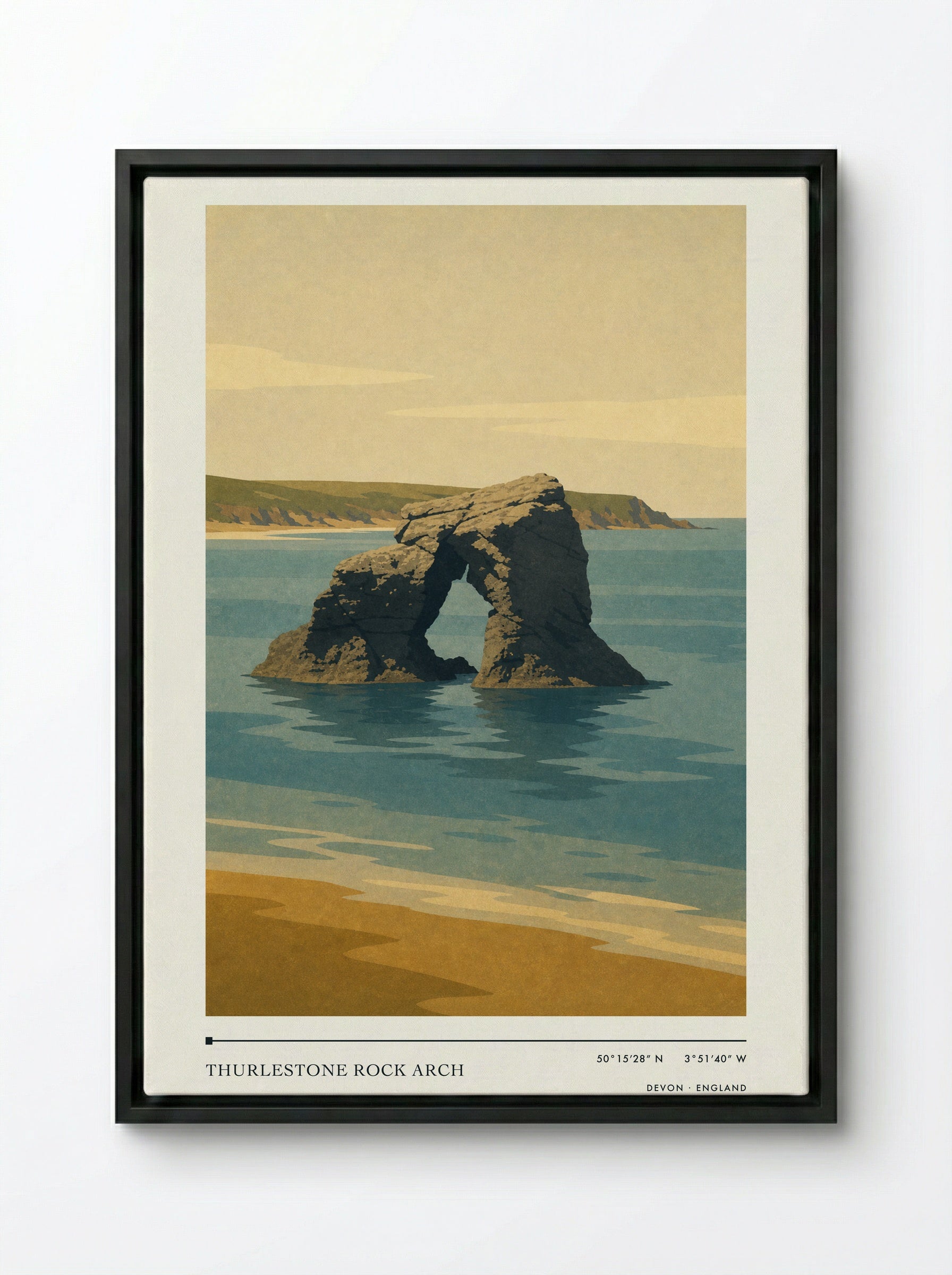 Thurlestone Rock Arch Devon England Travel Poster - Framed Canvas Black