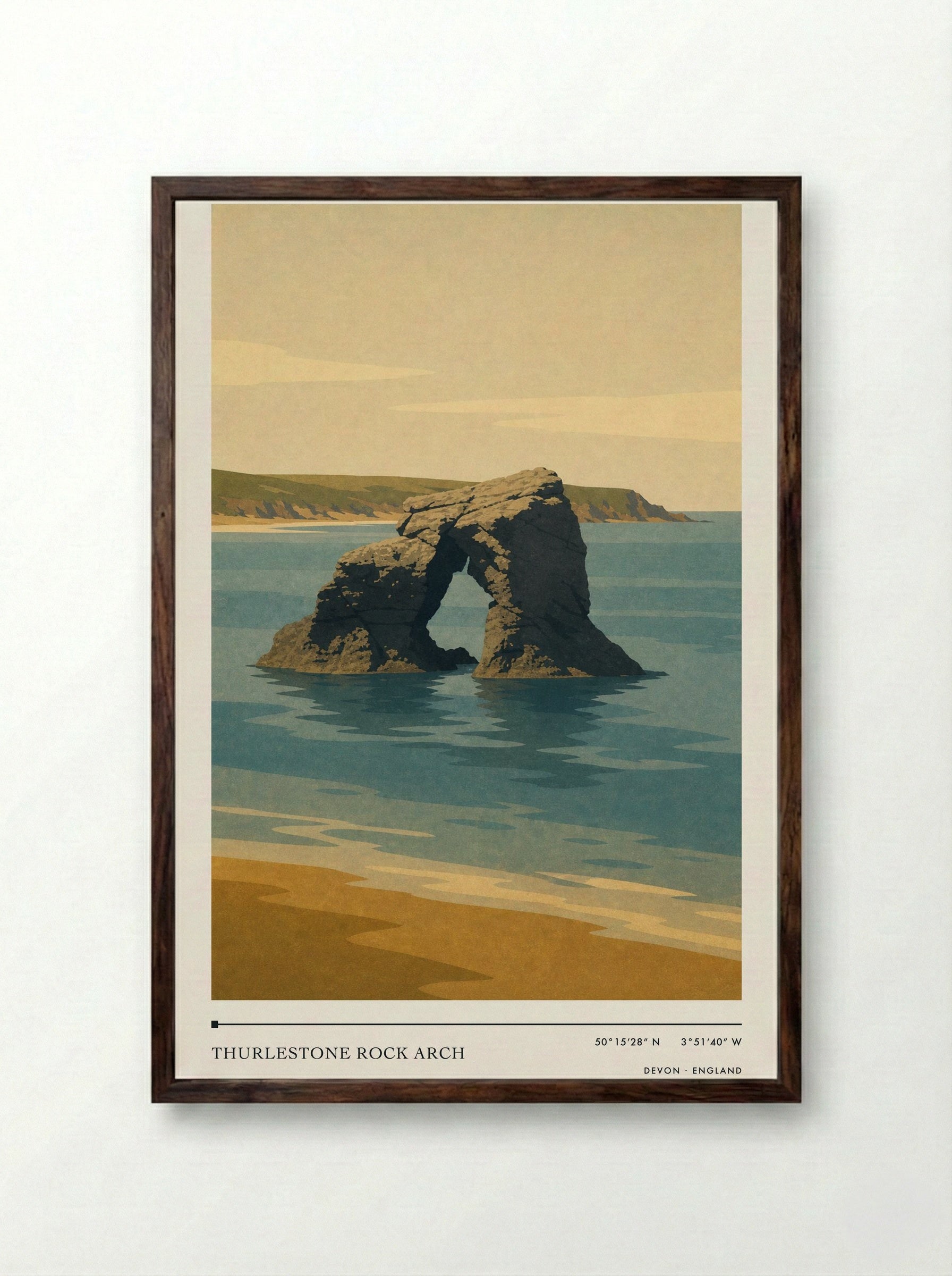 Thurlestone Rock Arch Devon England Travel Poster - Framed Print Dark Wood