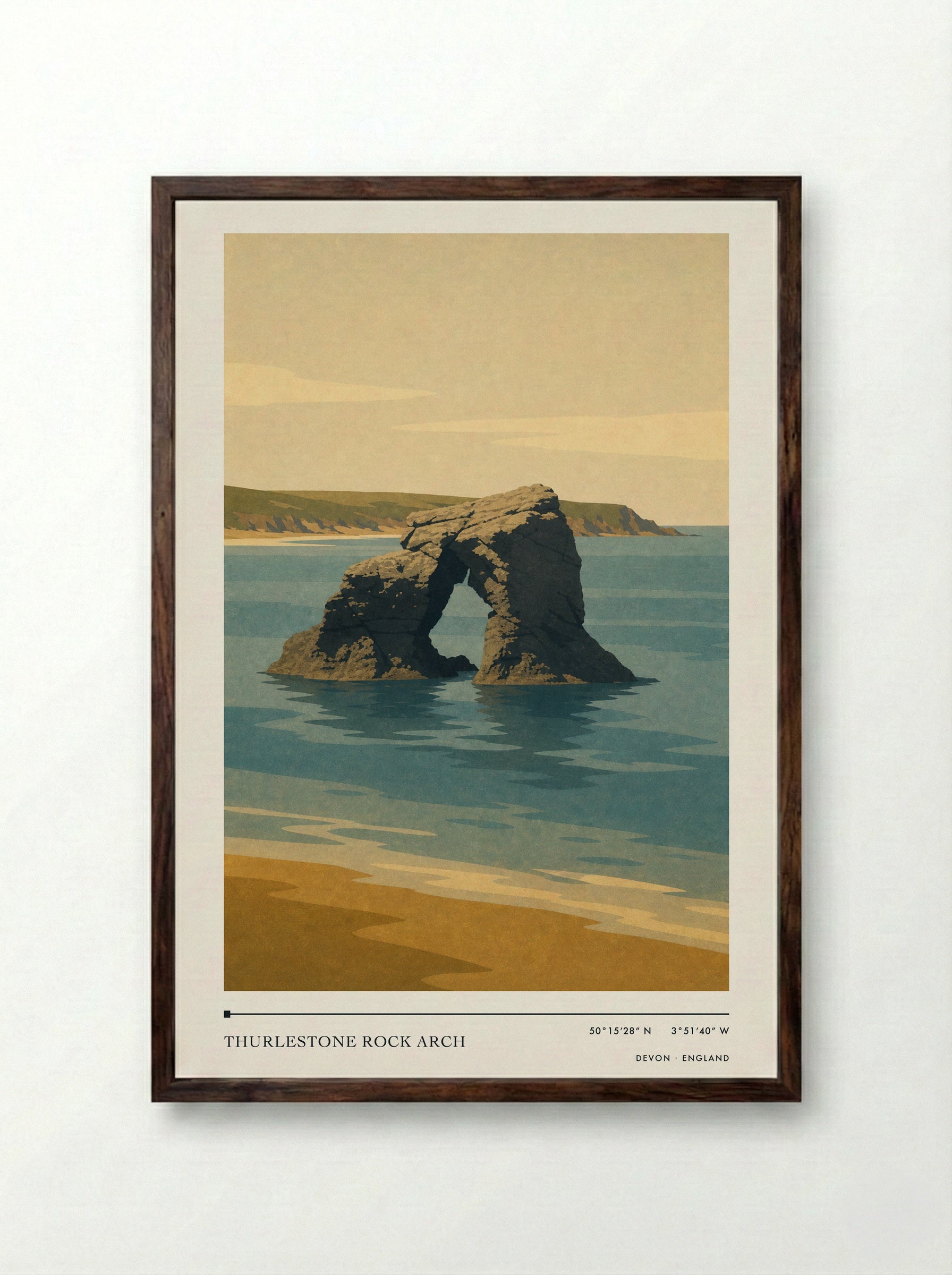 Thurlestone Rock Arch Devon England Travel Poster - Framed Print Dark Wood