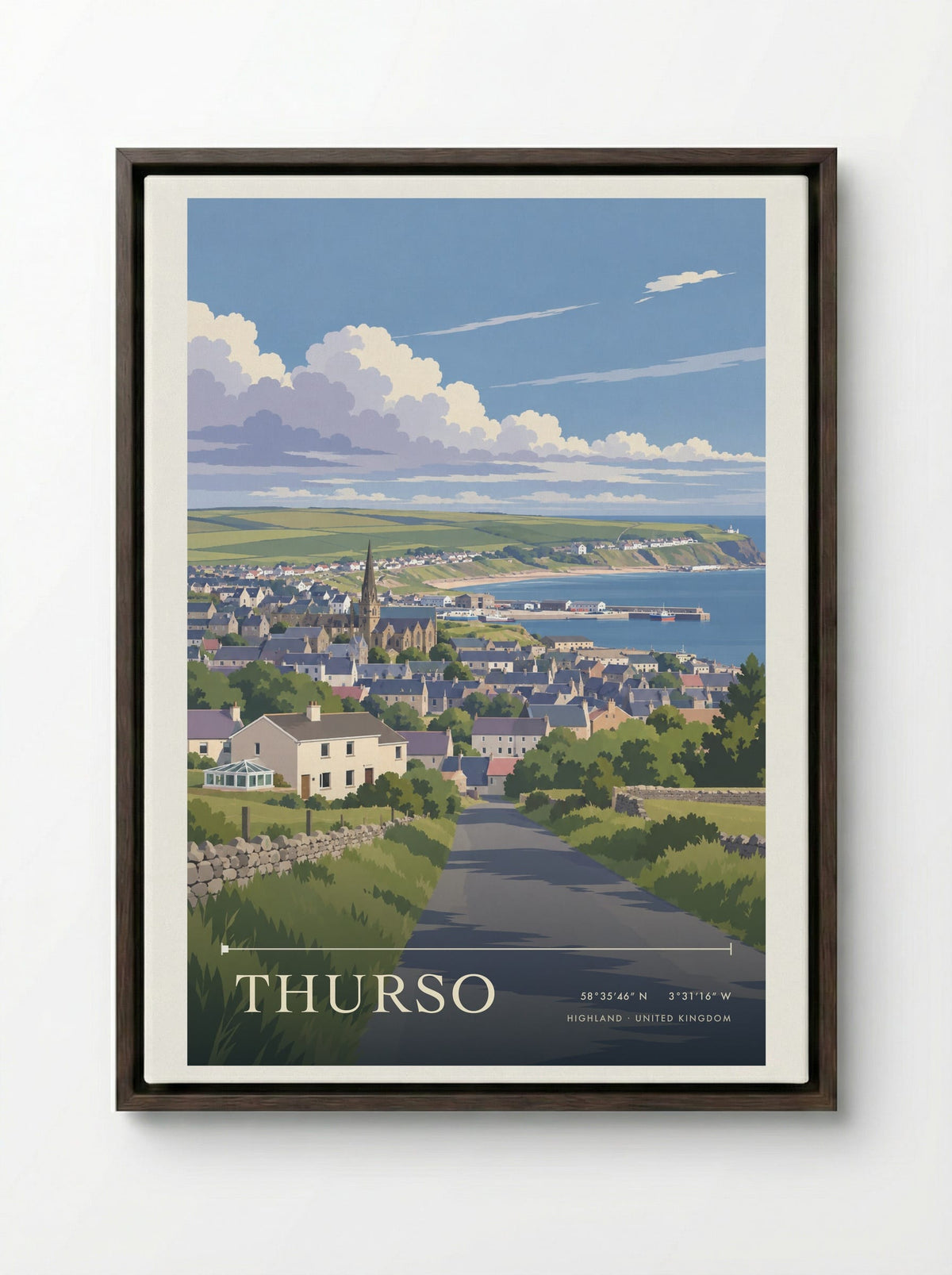 Thurso, Highland | Travel Poster - Framed Canvas Dark Wood
