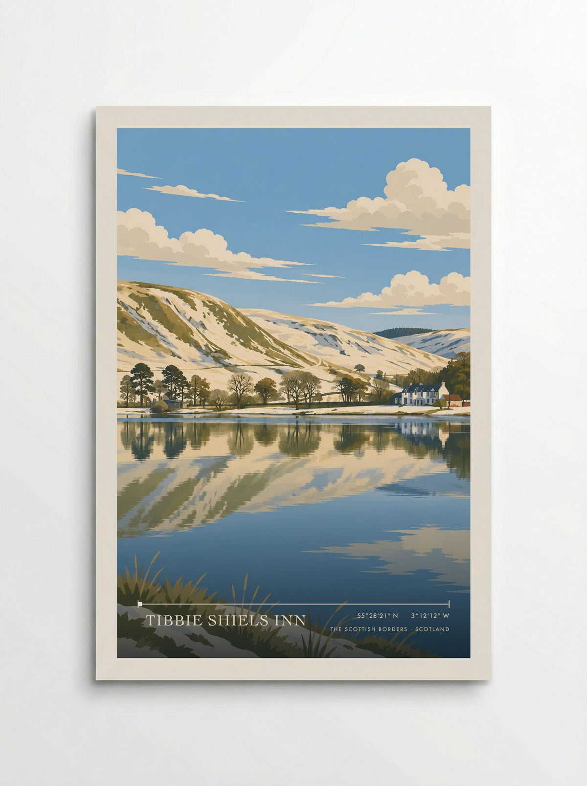 Tibbie Shiels Inn, The Scottish Borders travel poster: bare trees, white winter slopes and ochre hills in soft, low sunlight