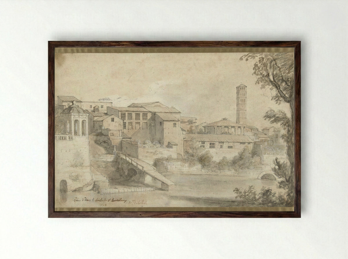 Tibereiland met het klooster van San Bartolommeo - Nicolas Delobel - Framed Print Dark Wood