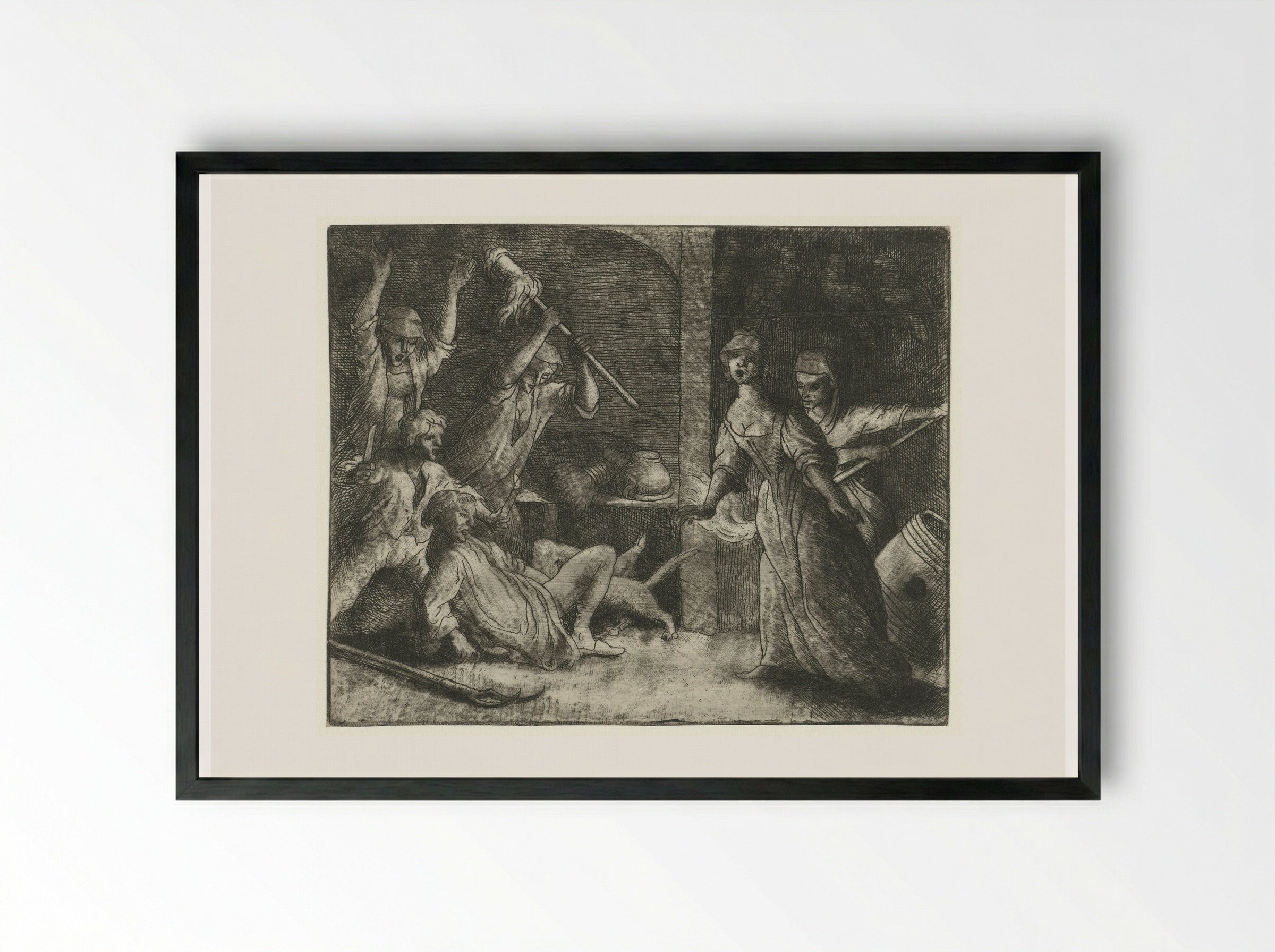 Tibert the Cat Bites the Priest - Allaert van Everdingen - Framed Print Black