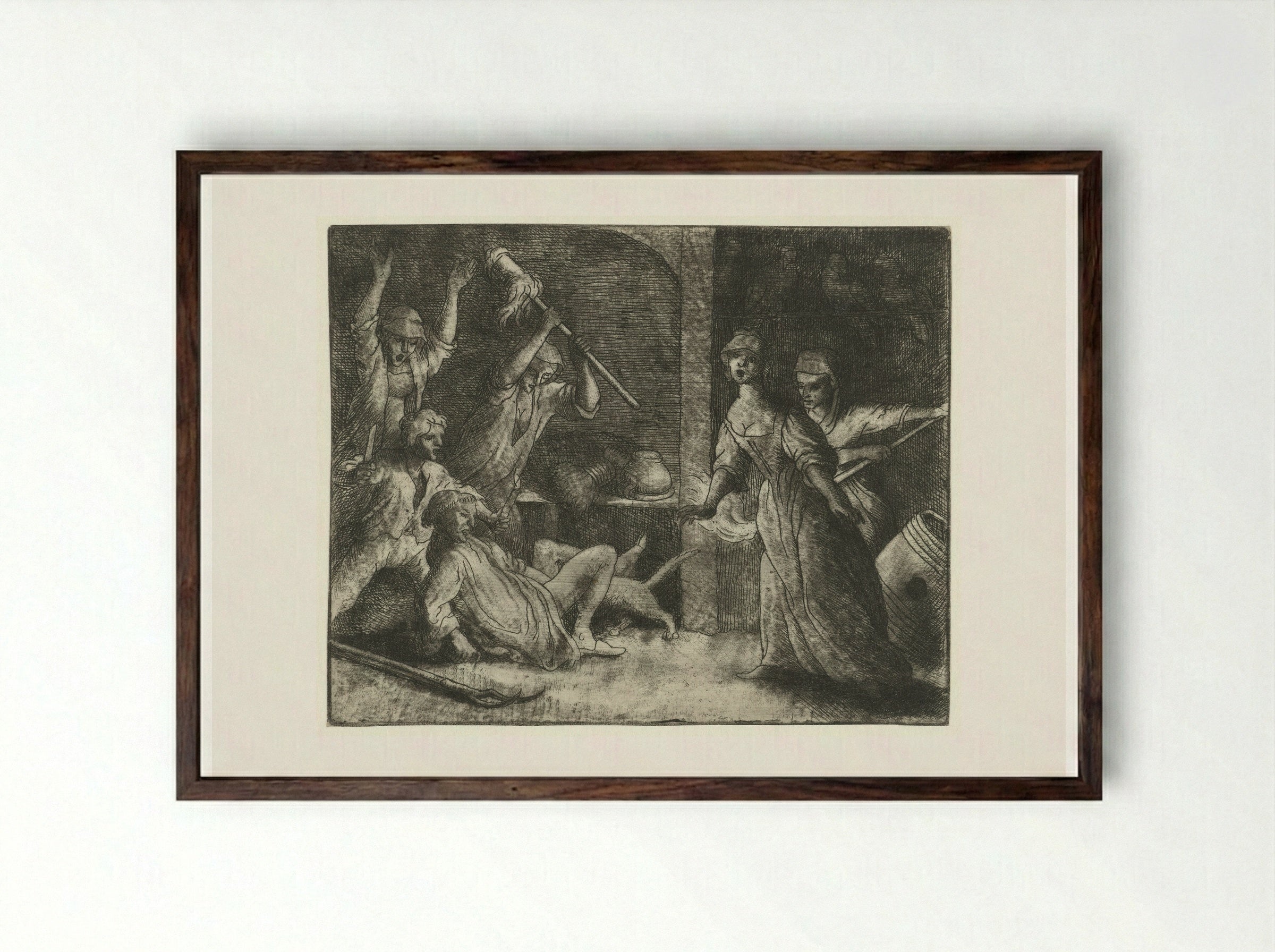 Tibert the Cat Bites the Priest - Allaert van Everdingen - Framed Print Dark Wood