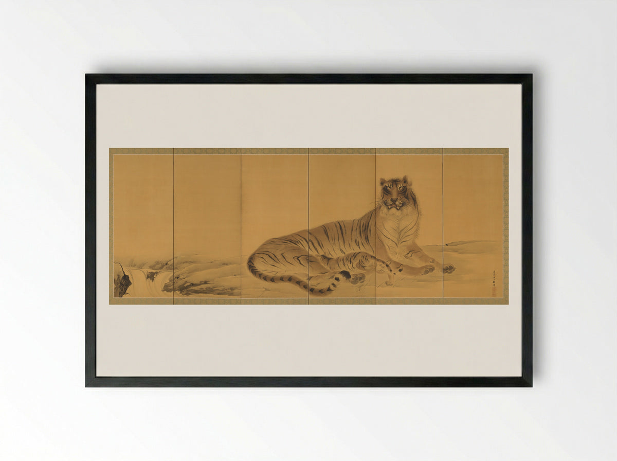 Tiger, Tigress and Cub - Kishi Chikudō - Framed Print Black